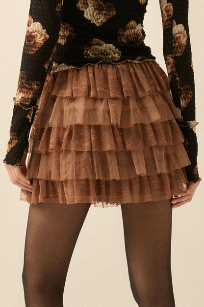 Dolled Up Lace and Mesh Tiered Ruffle Mini Skirt
