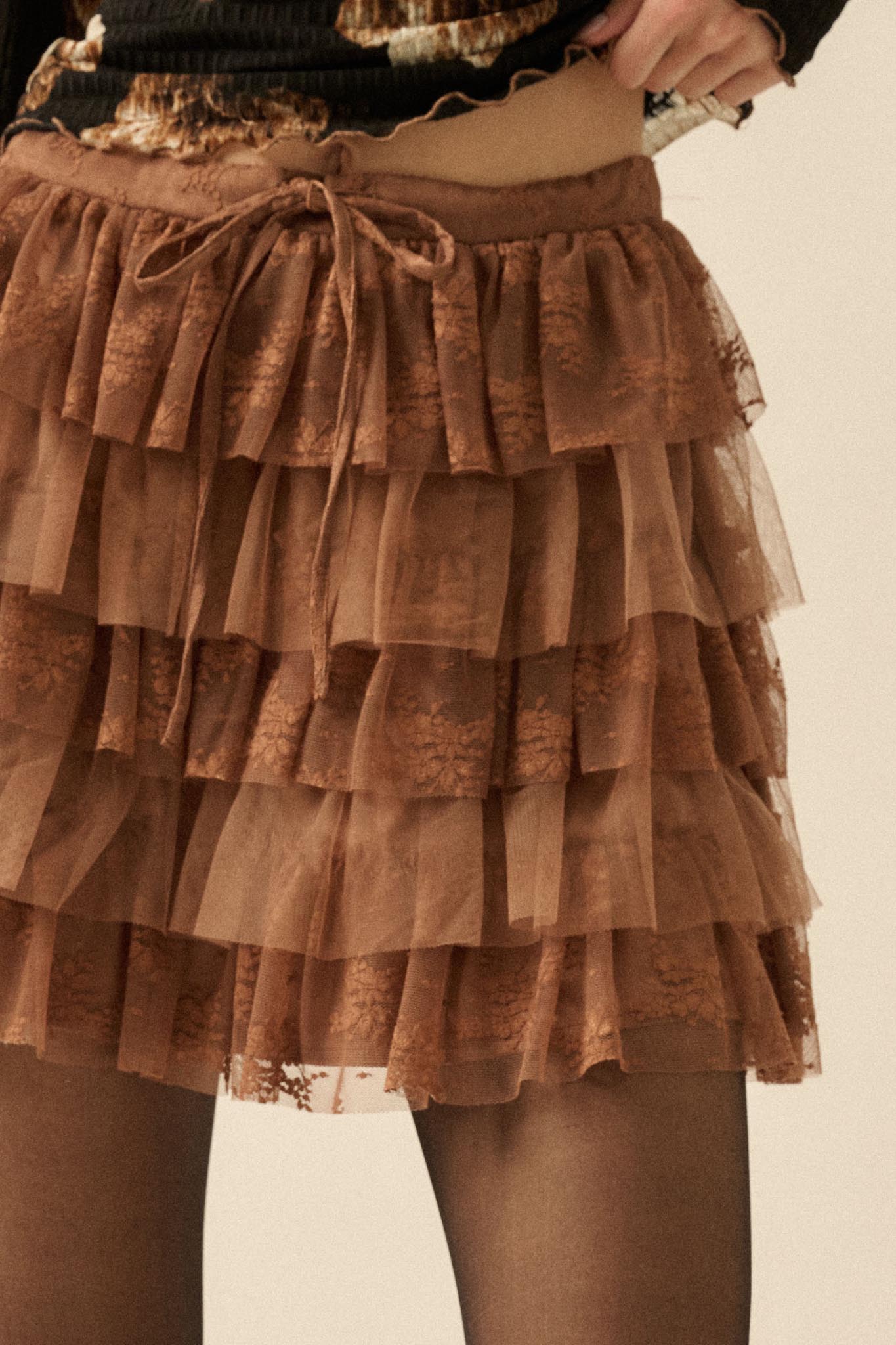 Dolled Up Lace and Mesh Tiered Ruffle Mini Skirt