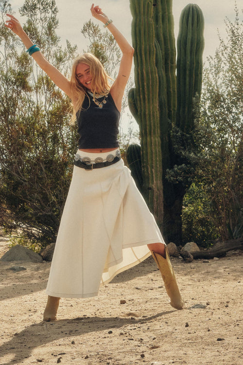 Jean Dream Denim A-Line Paneled Maxi Skirt