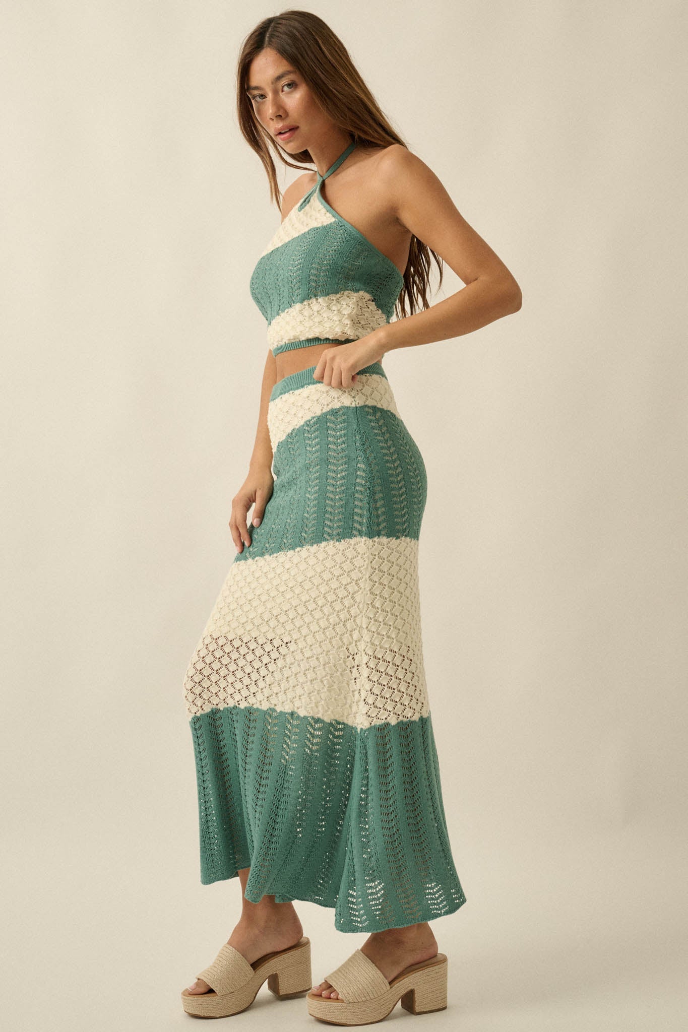 Horizon Line Colorblock Crochet-Knit Maxi Skirt