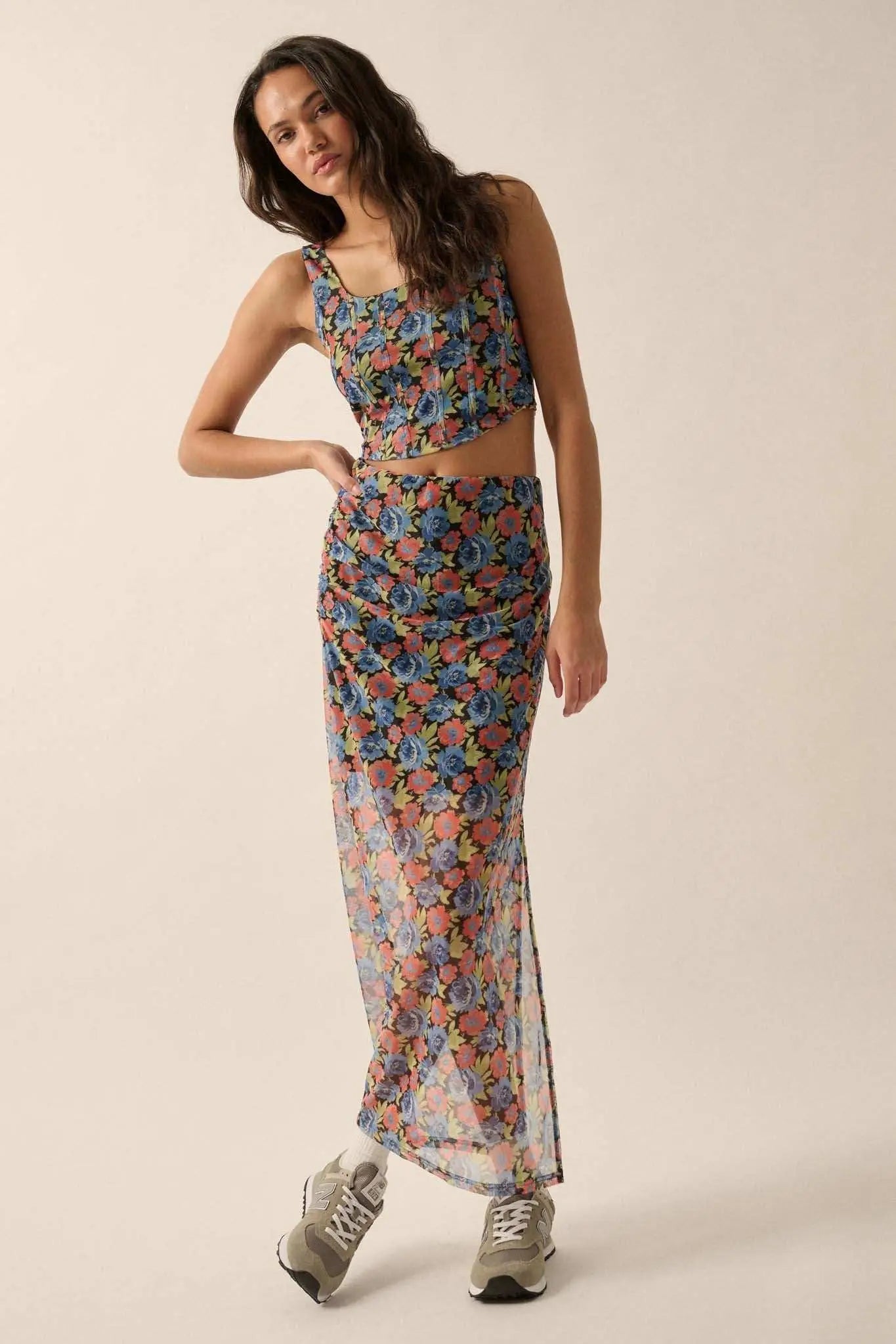 Late Night Blossoms Floral Mesh Maxi Skirt