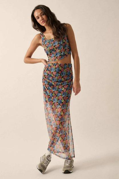 Late Night Blossoms Floral Mesh Maxi Skirt
