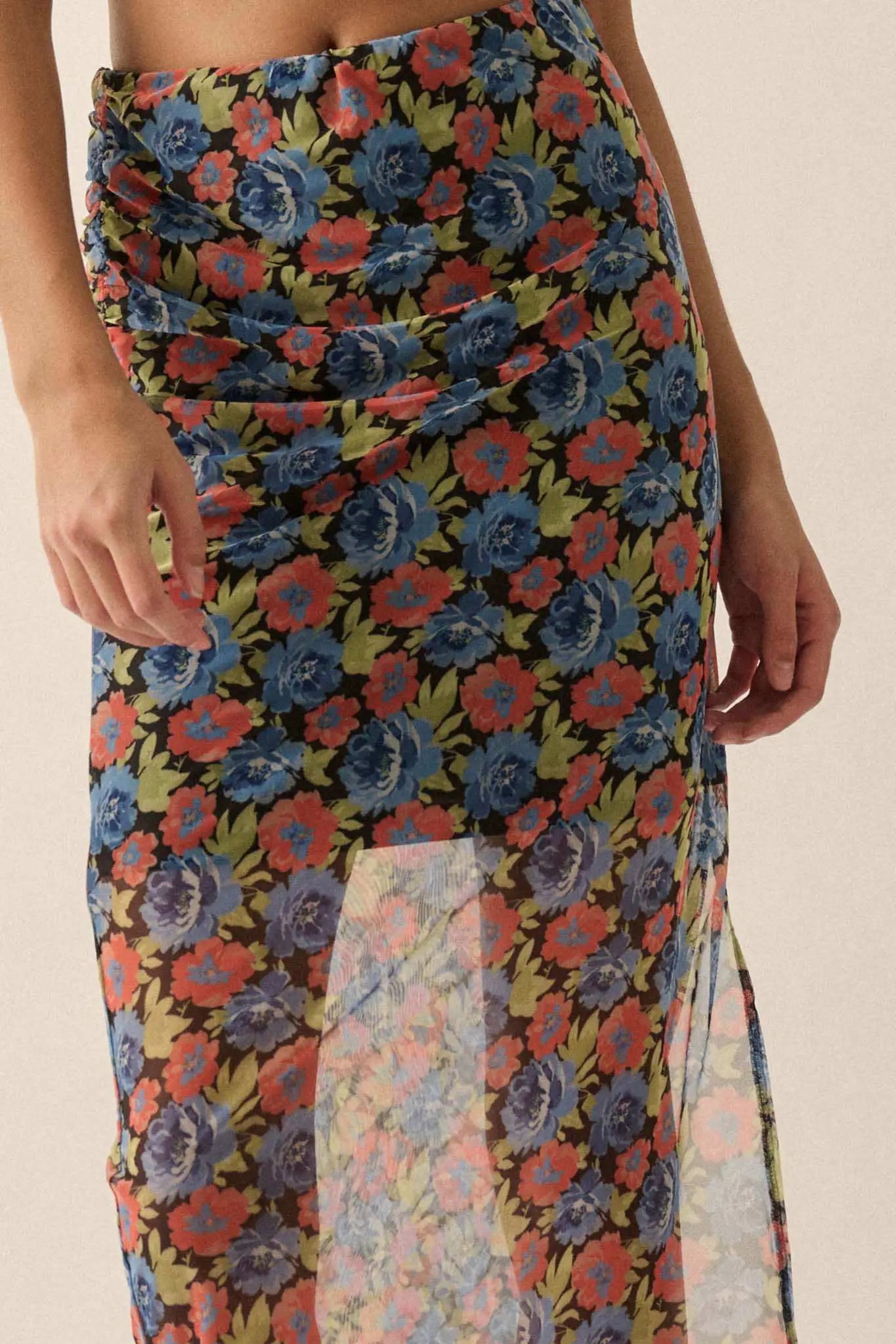 Late Night Blossoms Floral Mesh Maxi Skirt