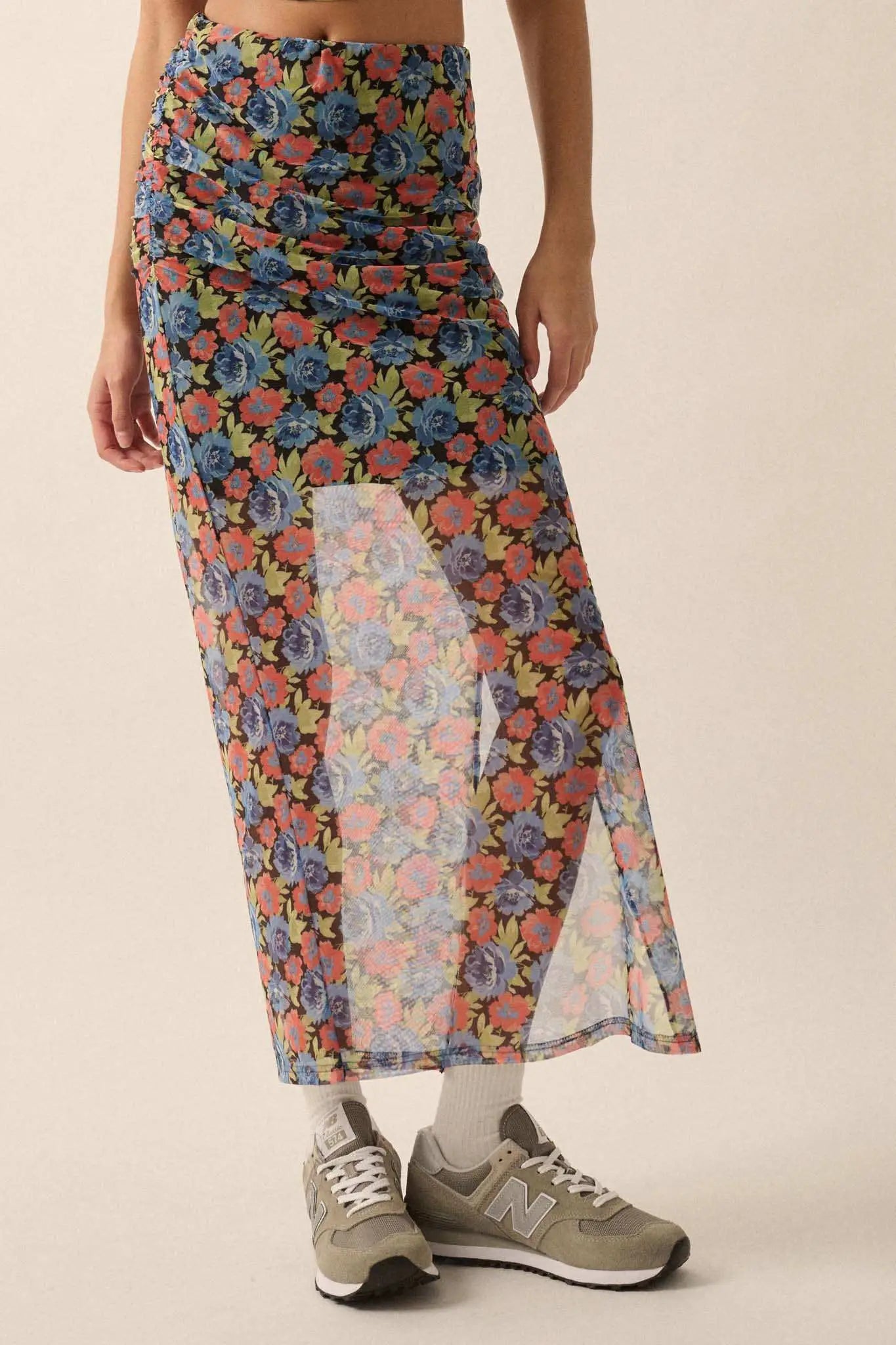 Late Night Blossoms Floral Mesh Maxi Skirt