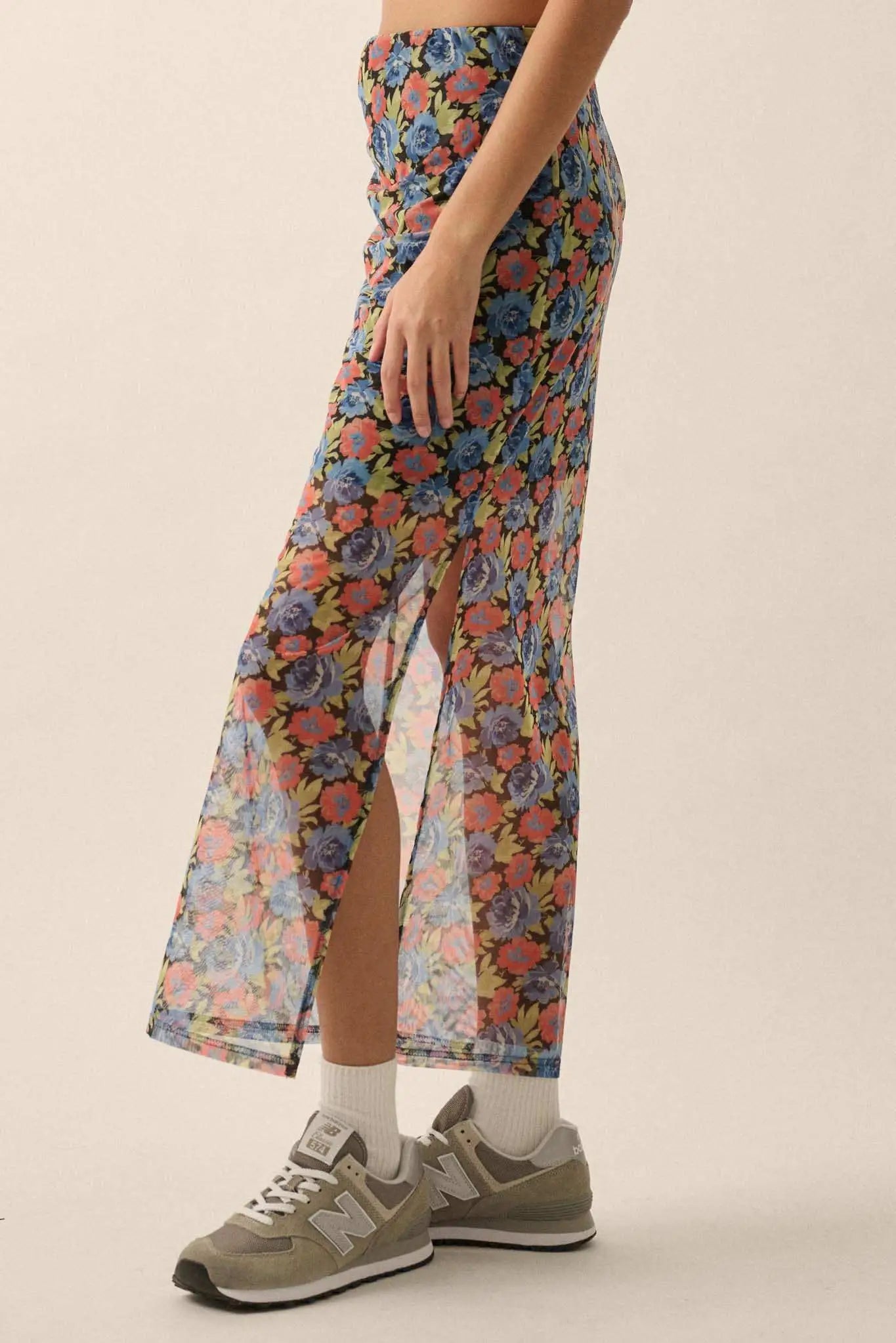 Late Night Blossoms Floral Mesh Maxi Skirt