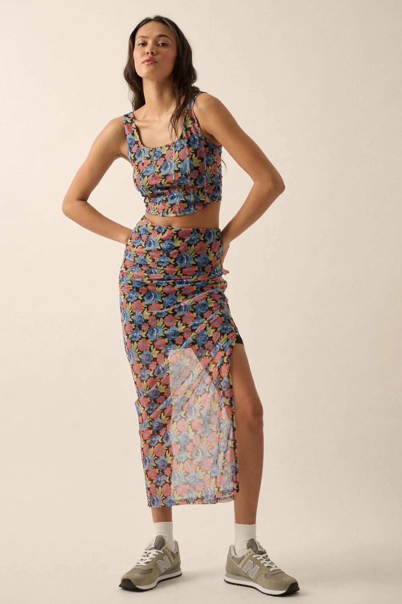 Late Night Blossoms Floral Mesh Maxi Skirt