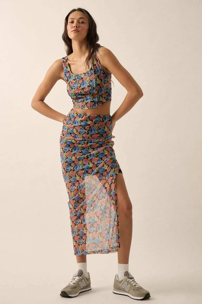 Late Night Blossoms Floral Mesh Maxi Skirt