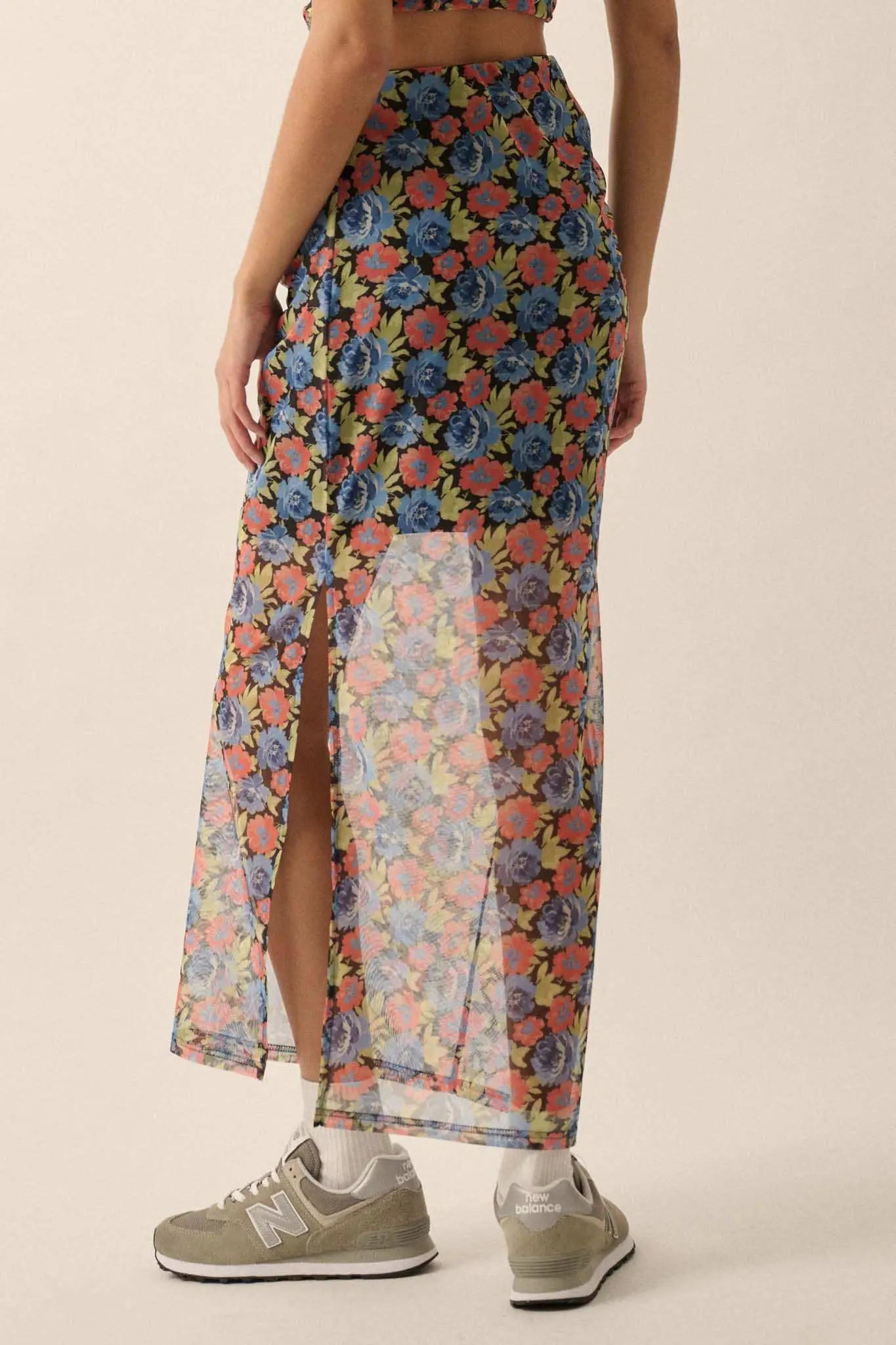 Late Night Blossoms Floral Mesh Maxi Skirt