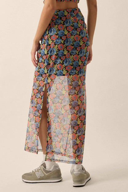 Late Night Blossoms Floral Mesh Maxi Skirt