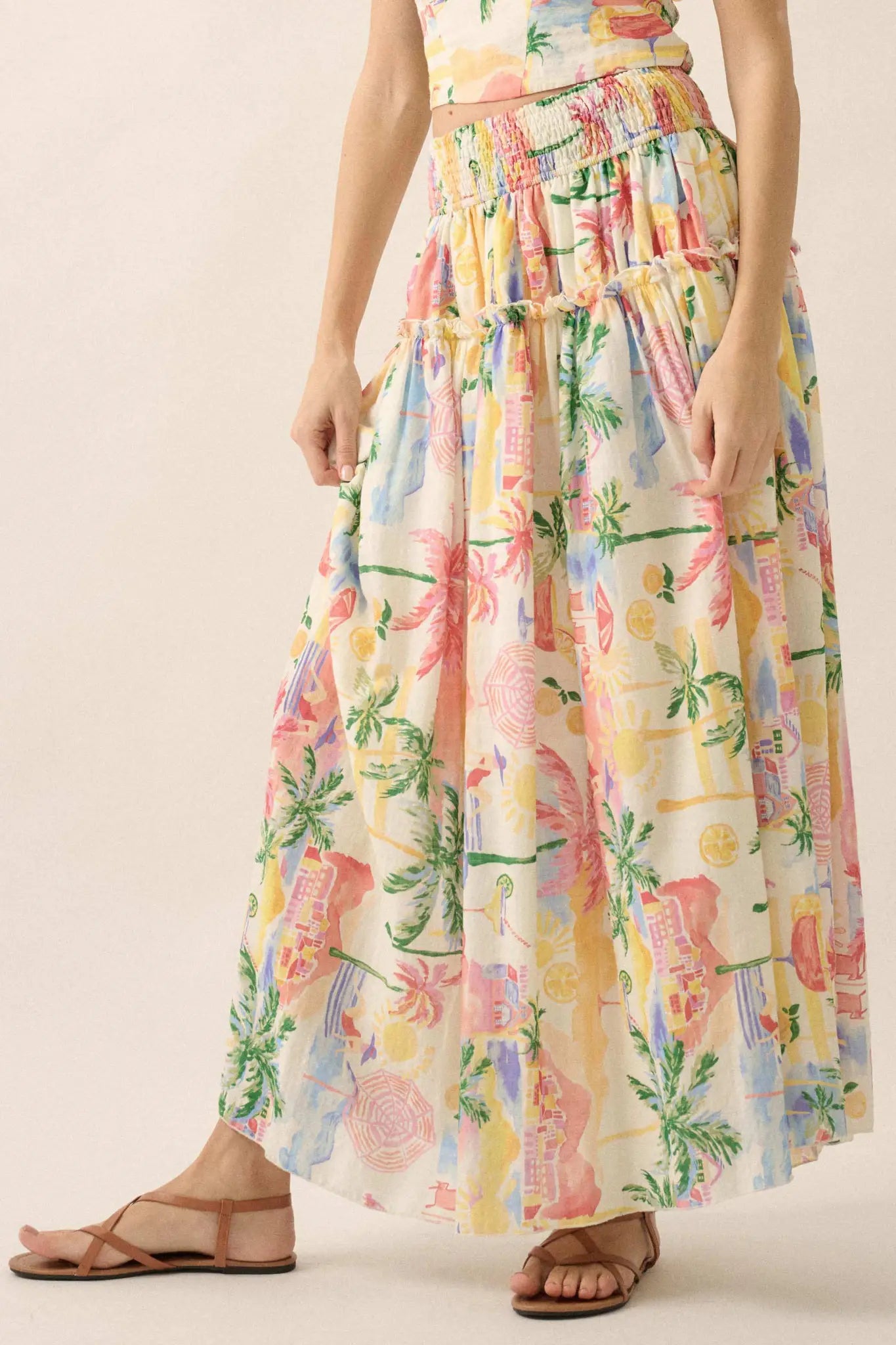 Paradise Found Tropical-Print Smocked Maxi Skirt