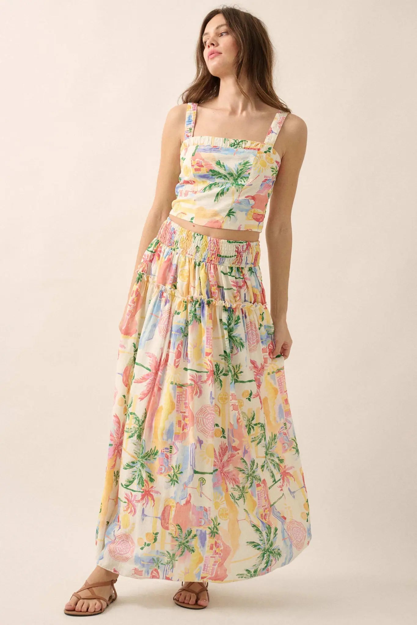 Paradise Found Tropical-Print Smocked Maxi Skirt