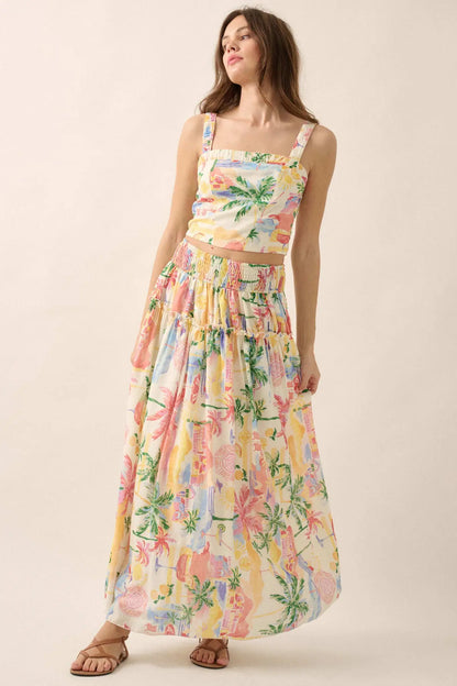 Paradise Found Tropical-Print Smocked Maxi Skirt