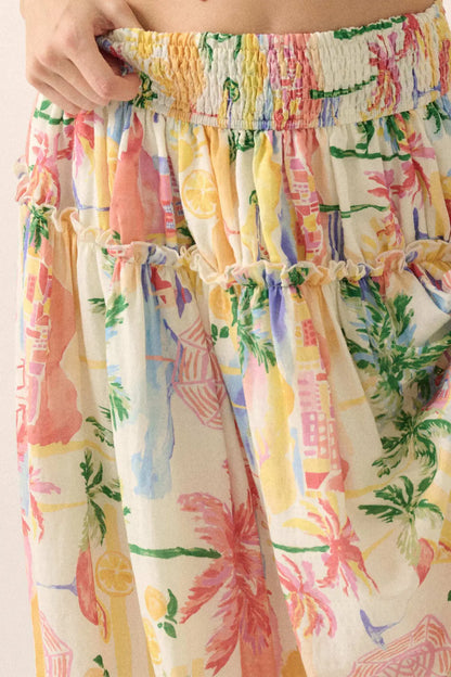 Paradise Found Tropical-Print Smocked Maxi Skirt