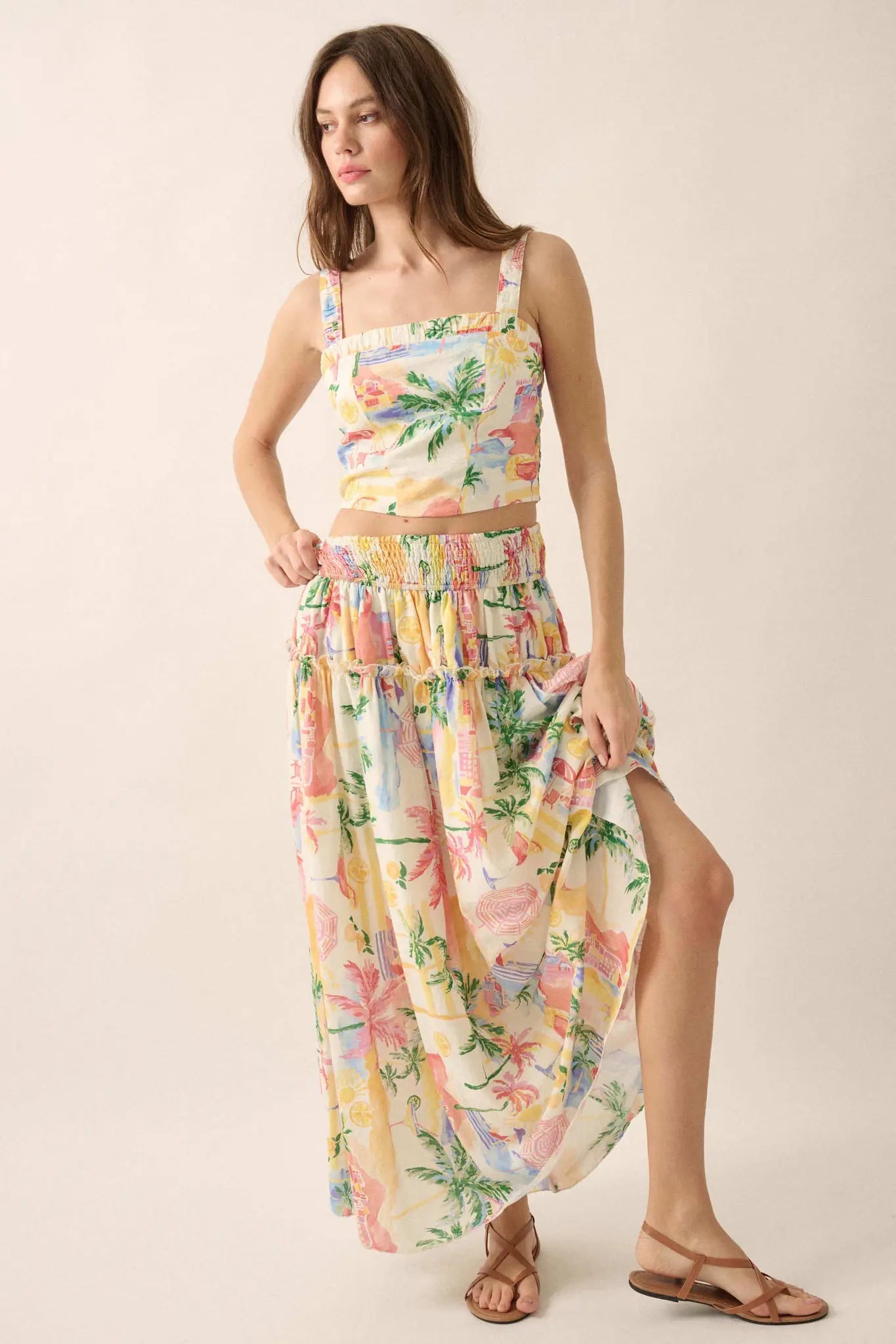 Paradise Found Tropical-Print Smocked Maxi Skirt