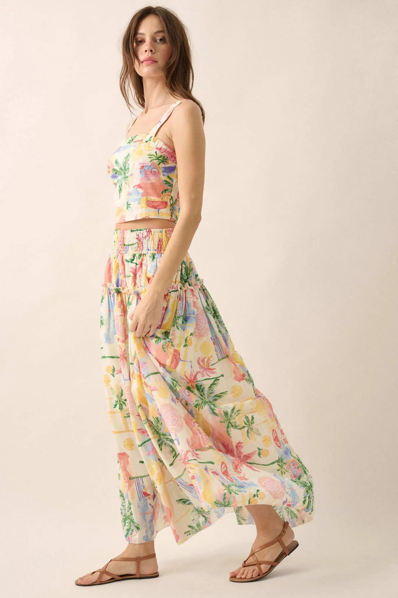 Paradise Found Tropical-Print Smocked Maxi Skirt