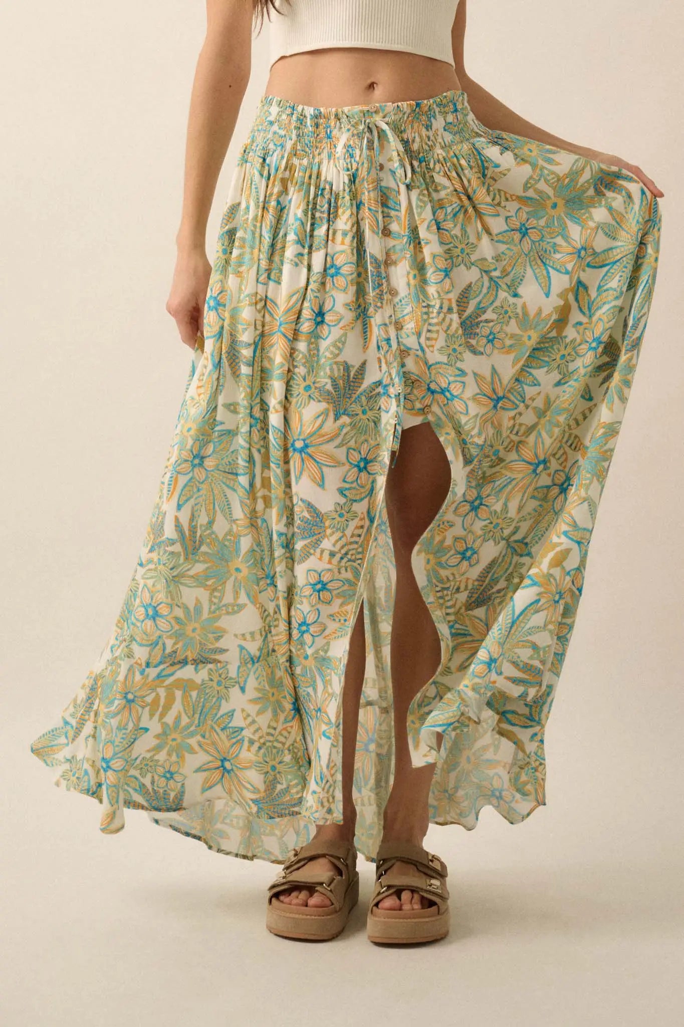 Blooming Bounty Floral Crepe Buttoned Maxi Skirt
