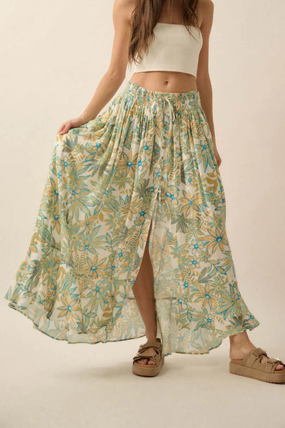 Blooming Bounty Floral Crepe Buttoned Maxi Skirt