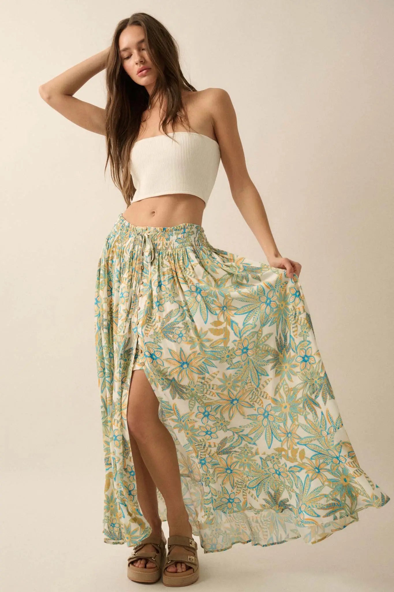 Blooming Bounty Floral Crepe Buttoned Maxi Skirt