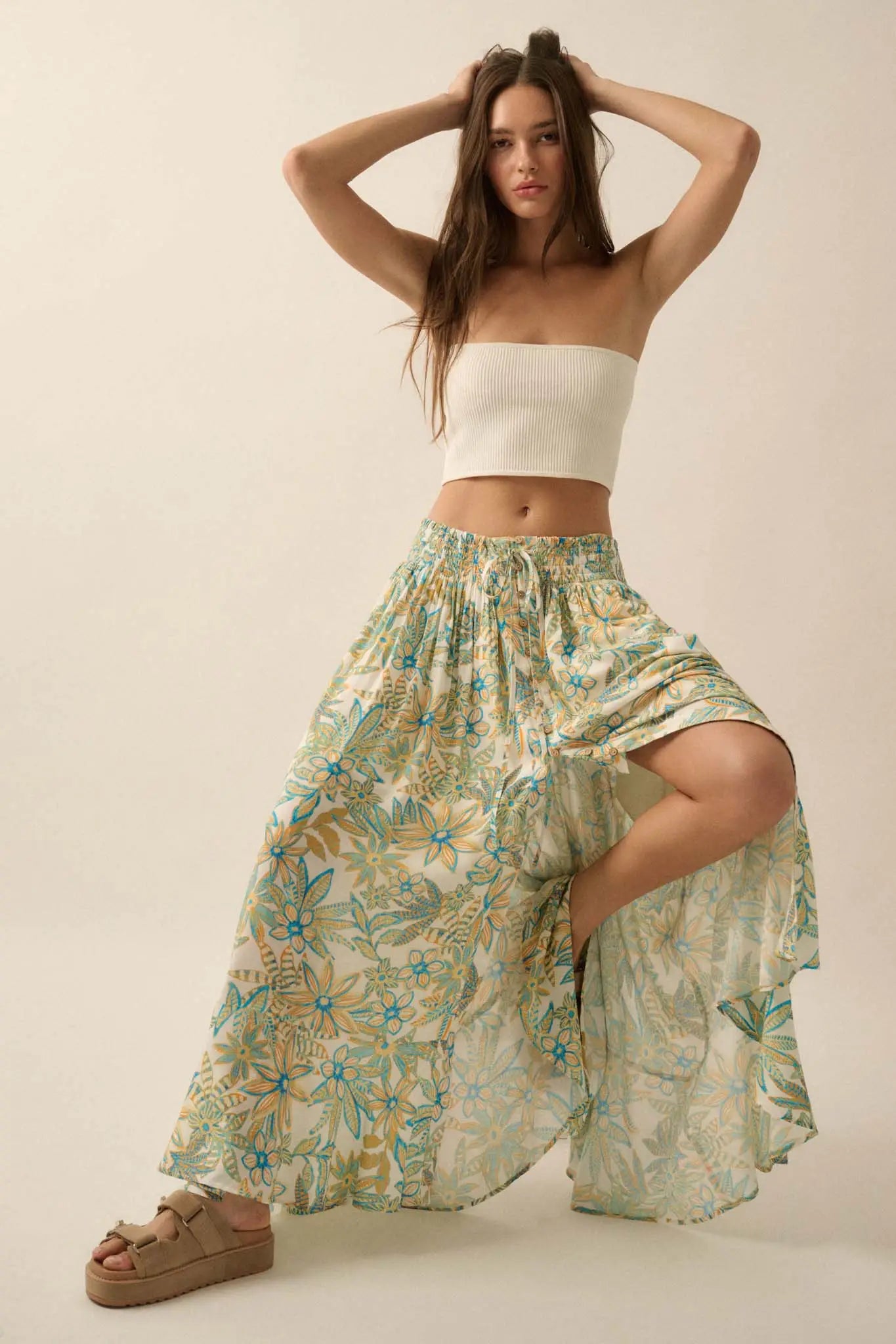 Blooming Bounty Floral Crepe Buttoned Maxi Skirt