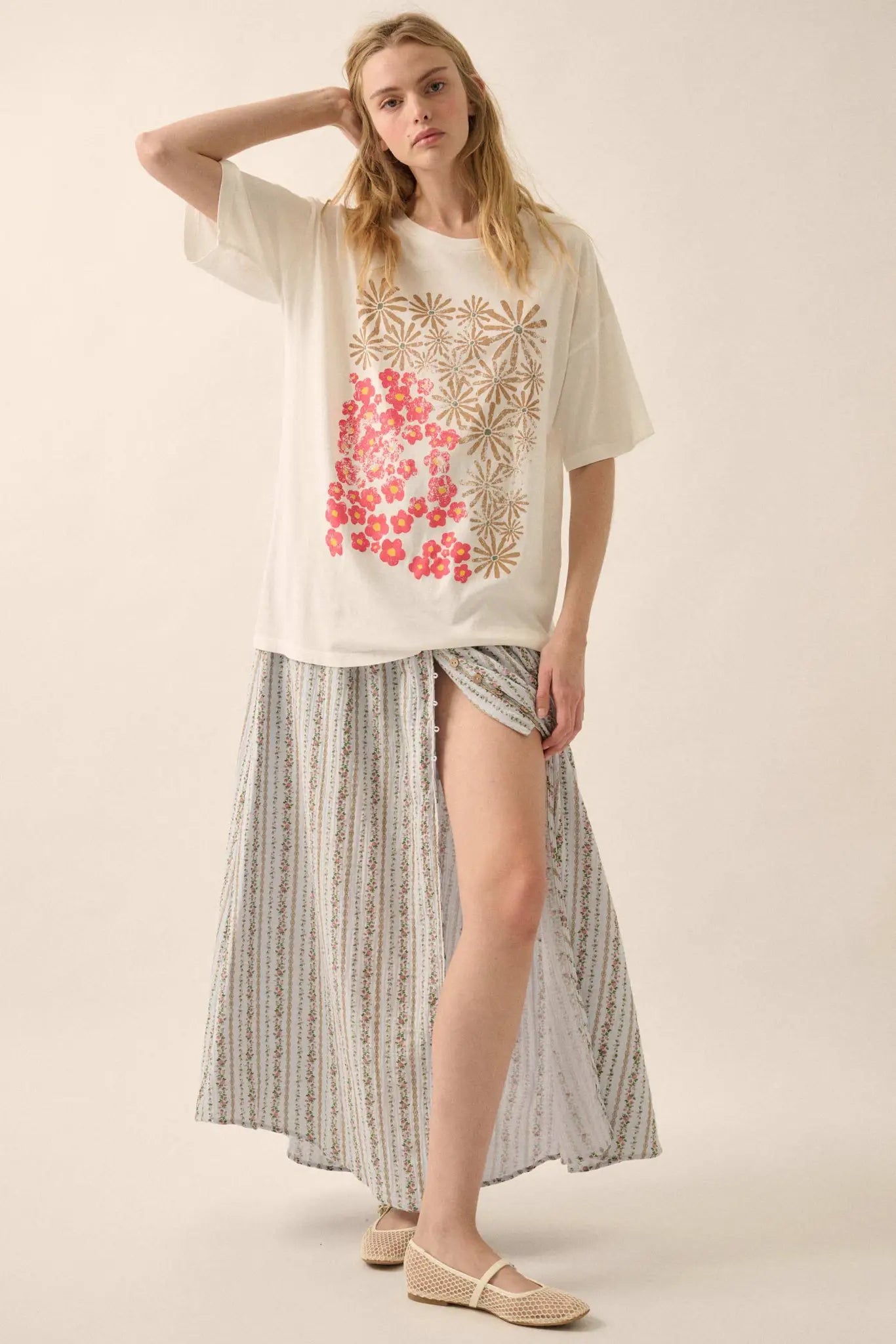 Blooming Tendrils Floral Gauze Buttoned Maxi Skirt