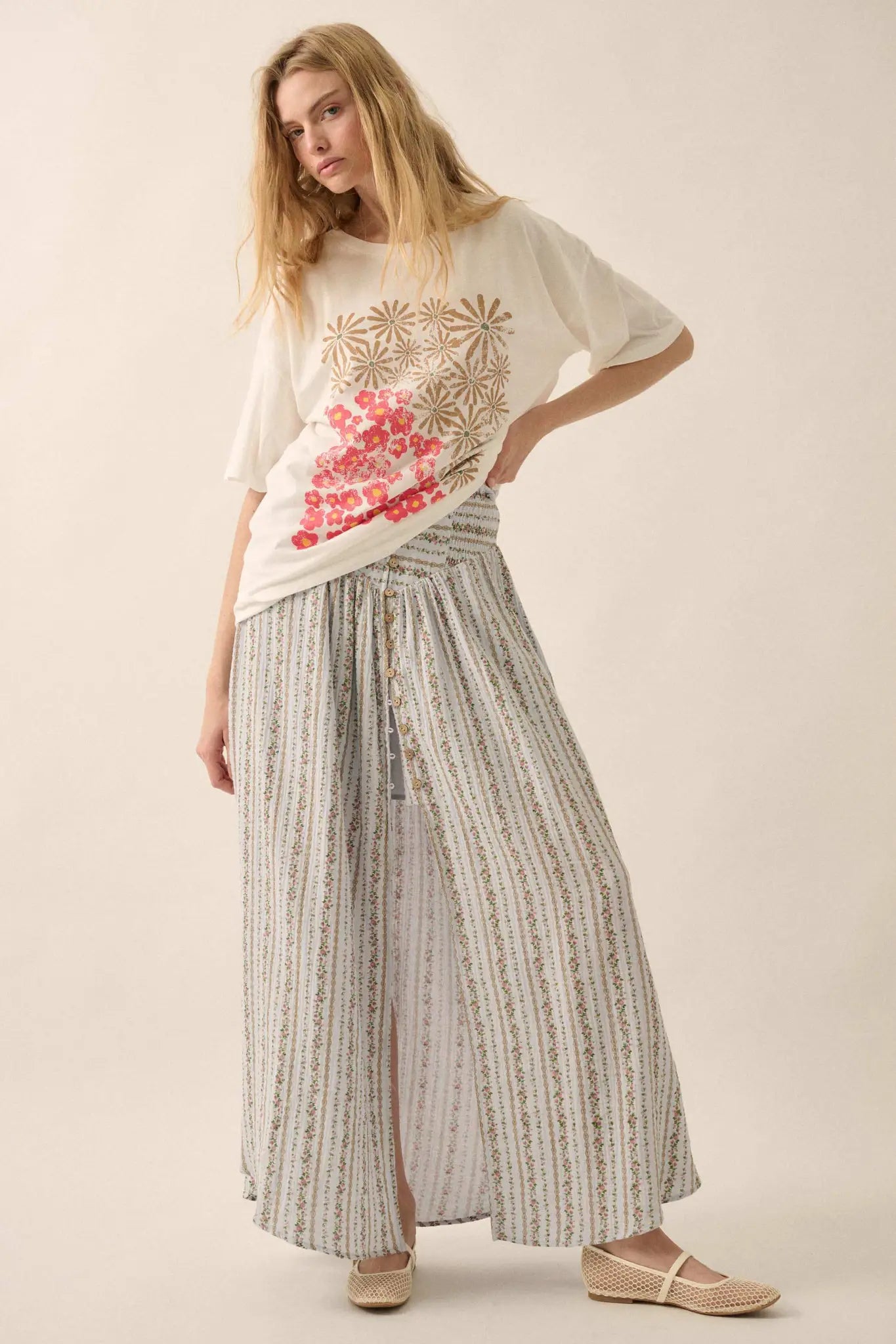 Blooming Tendrils Floral Gauze Buttoned Maxi Skirt