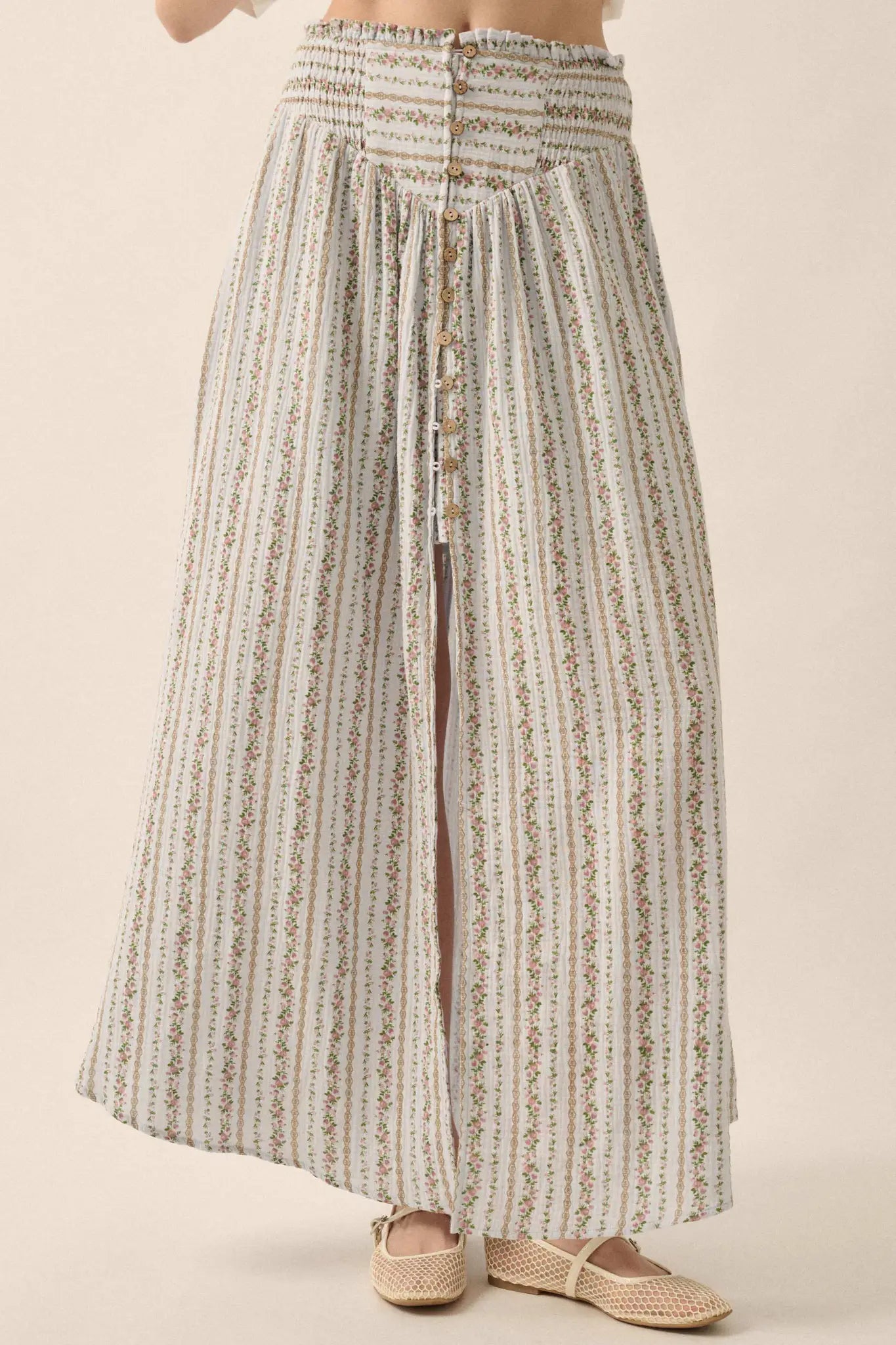 Blooming Tendrils Floral Gauze Buttoned Maxi Skirt