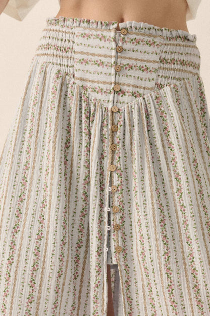 Blooming Tendrils Floral Gauze Buttoned Maxi Skirt