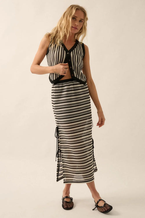 Line of Sight Striped Knit Side-Tie Midi Skirt