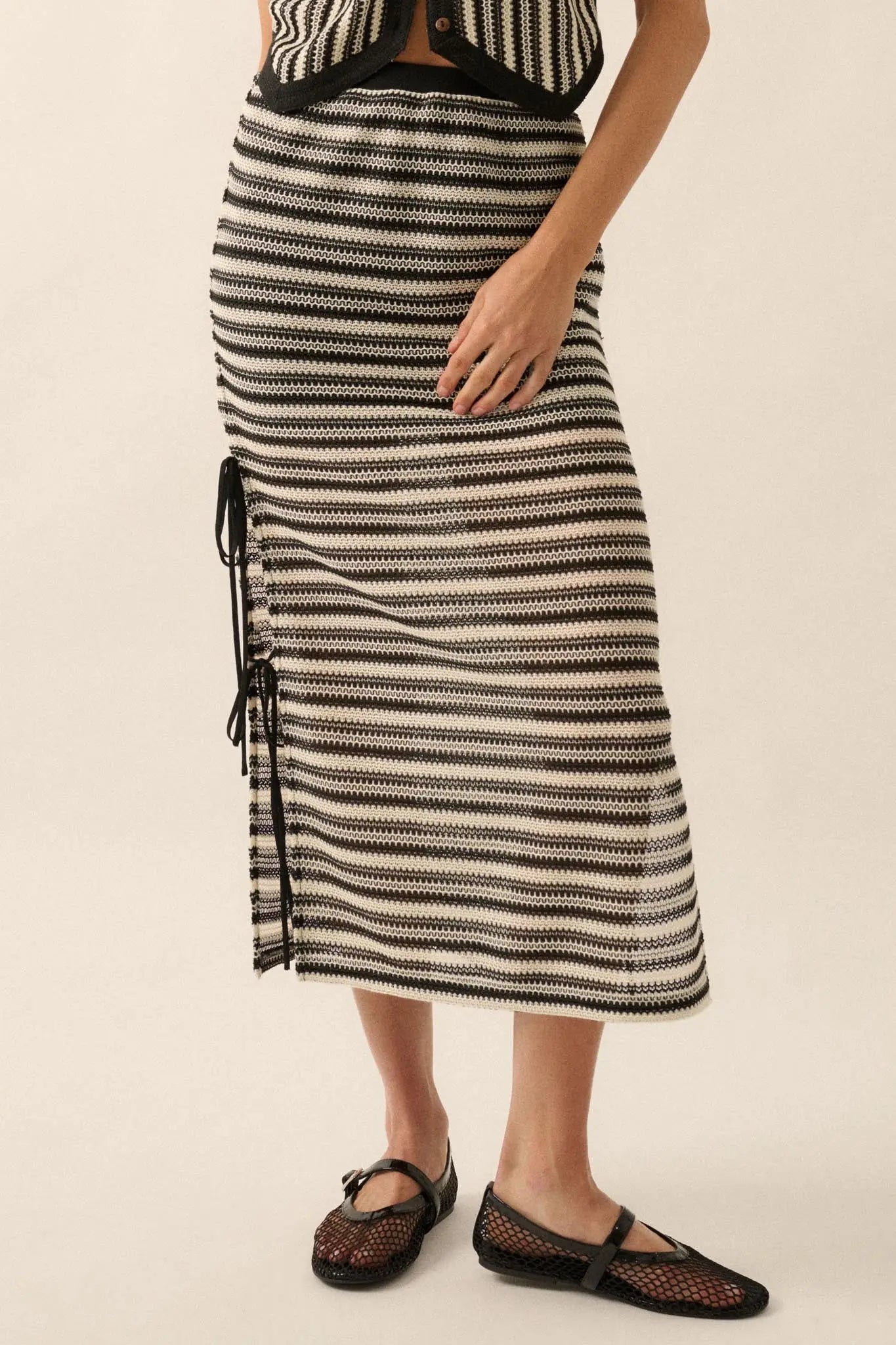 Line of Sight Striped Knit Side-Tie Midi Skirt