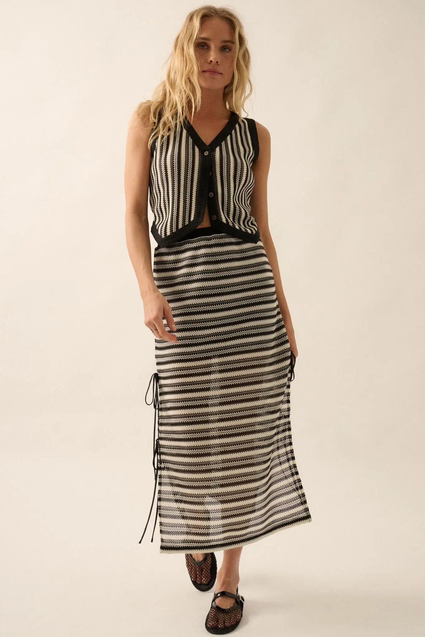 Line of Sight Striped Knit Side-Tie Midi Skirt