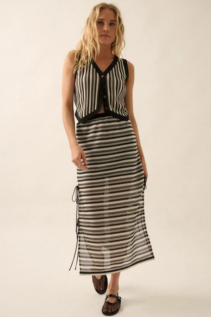 Line of Sight Striped Knit Side-Tie Midi Skirt