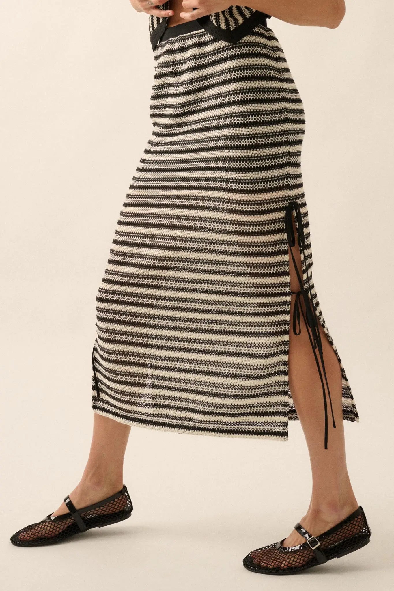 Line of Sight Striped Knit Side-Tie Midi Skirt