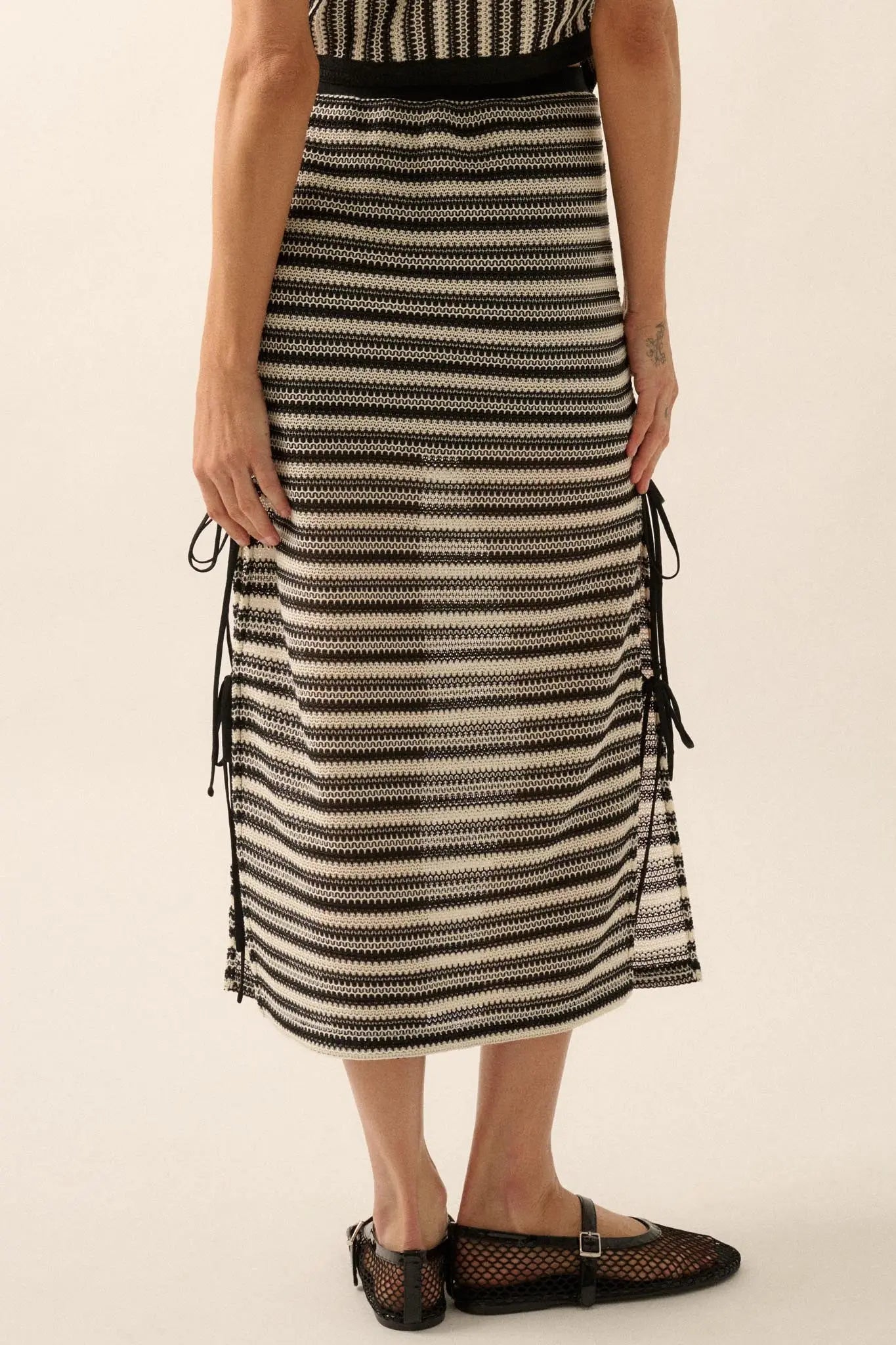 Line of Sight Striped Knit Side-Tie Midi Skirt