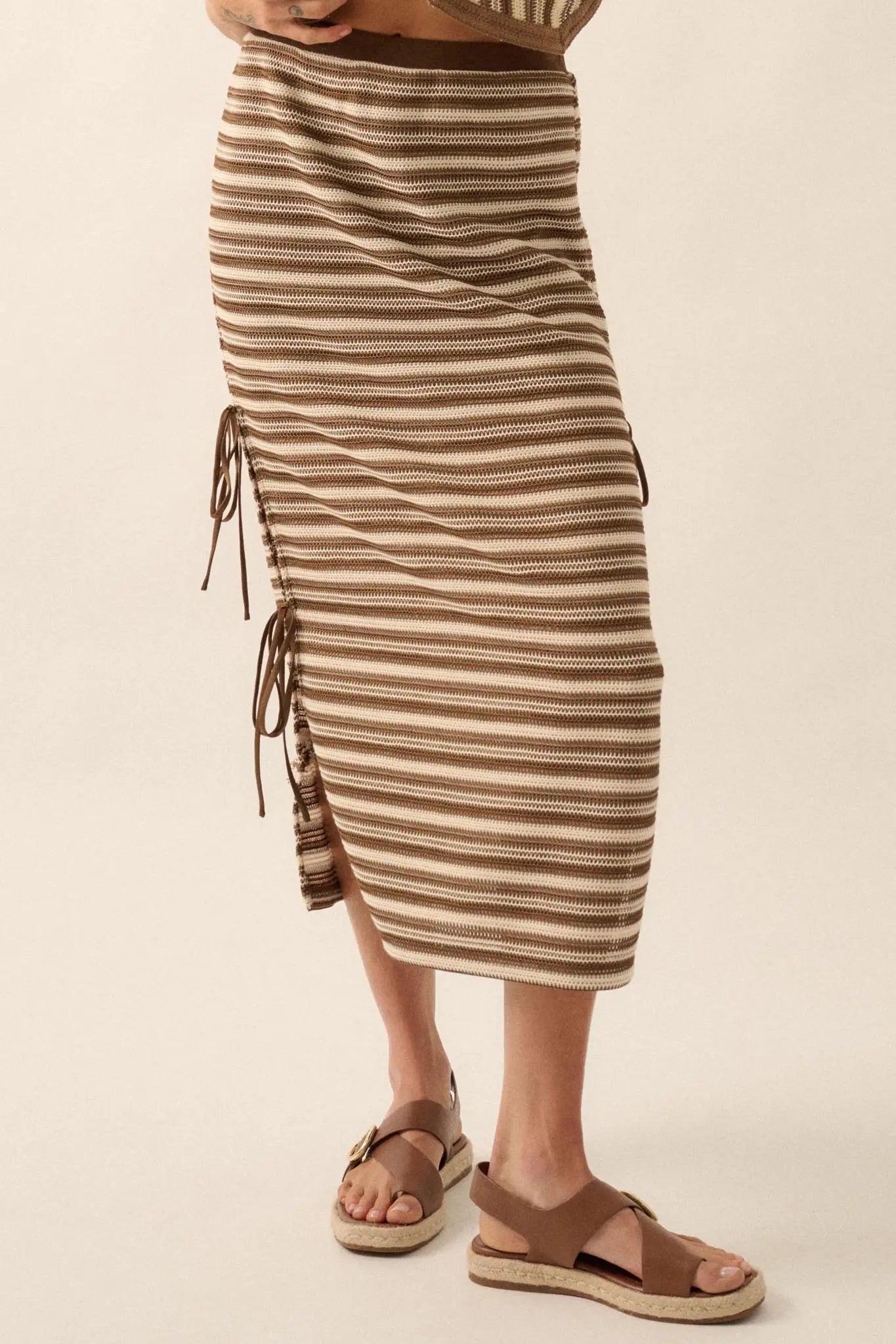Line of Sight Striped Knit Side-Tie Midi Skirt