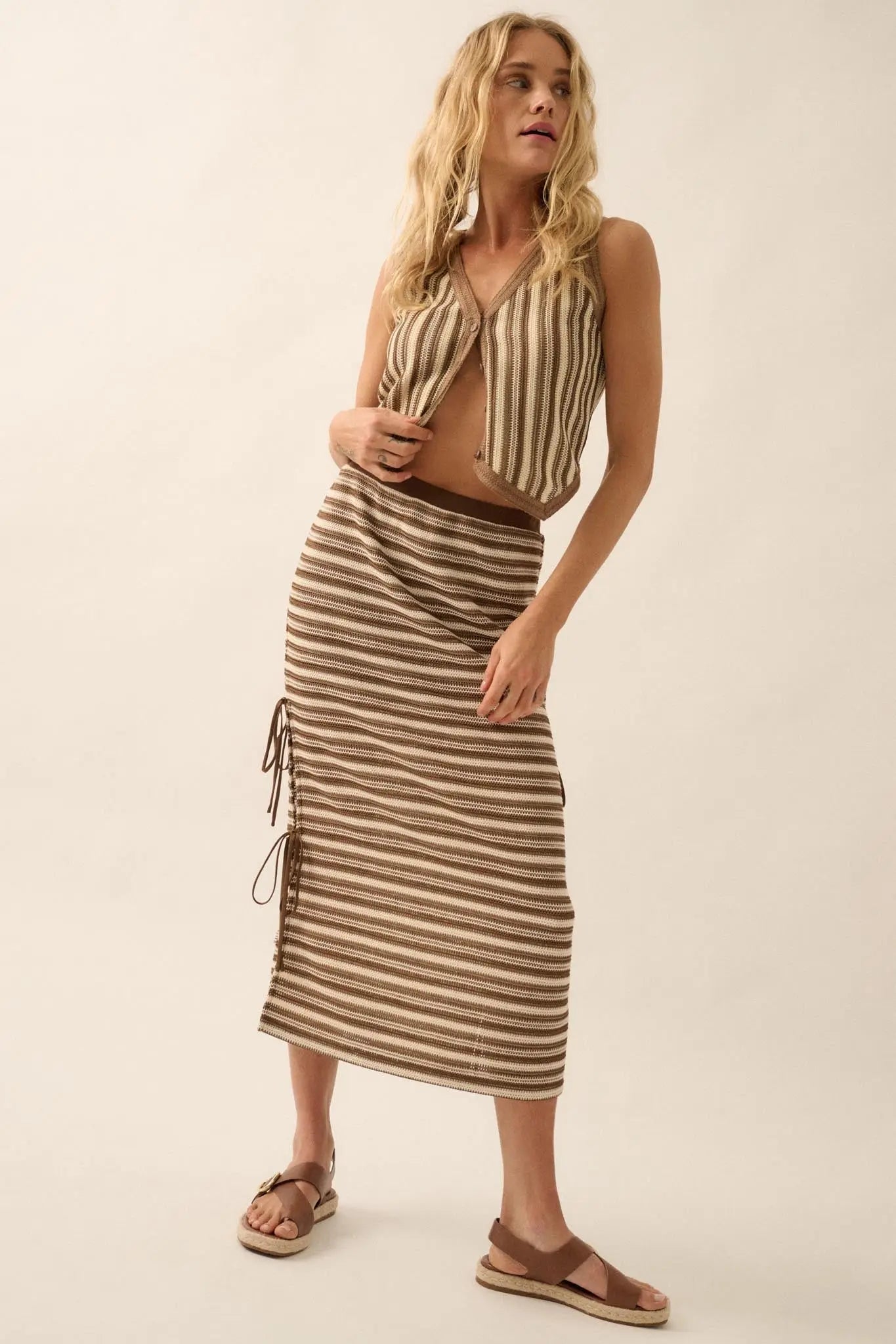 Line of Sight Striped Knit Side-Tie Midi Skirt