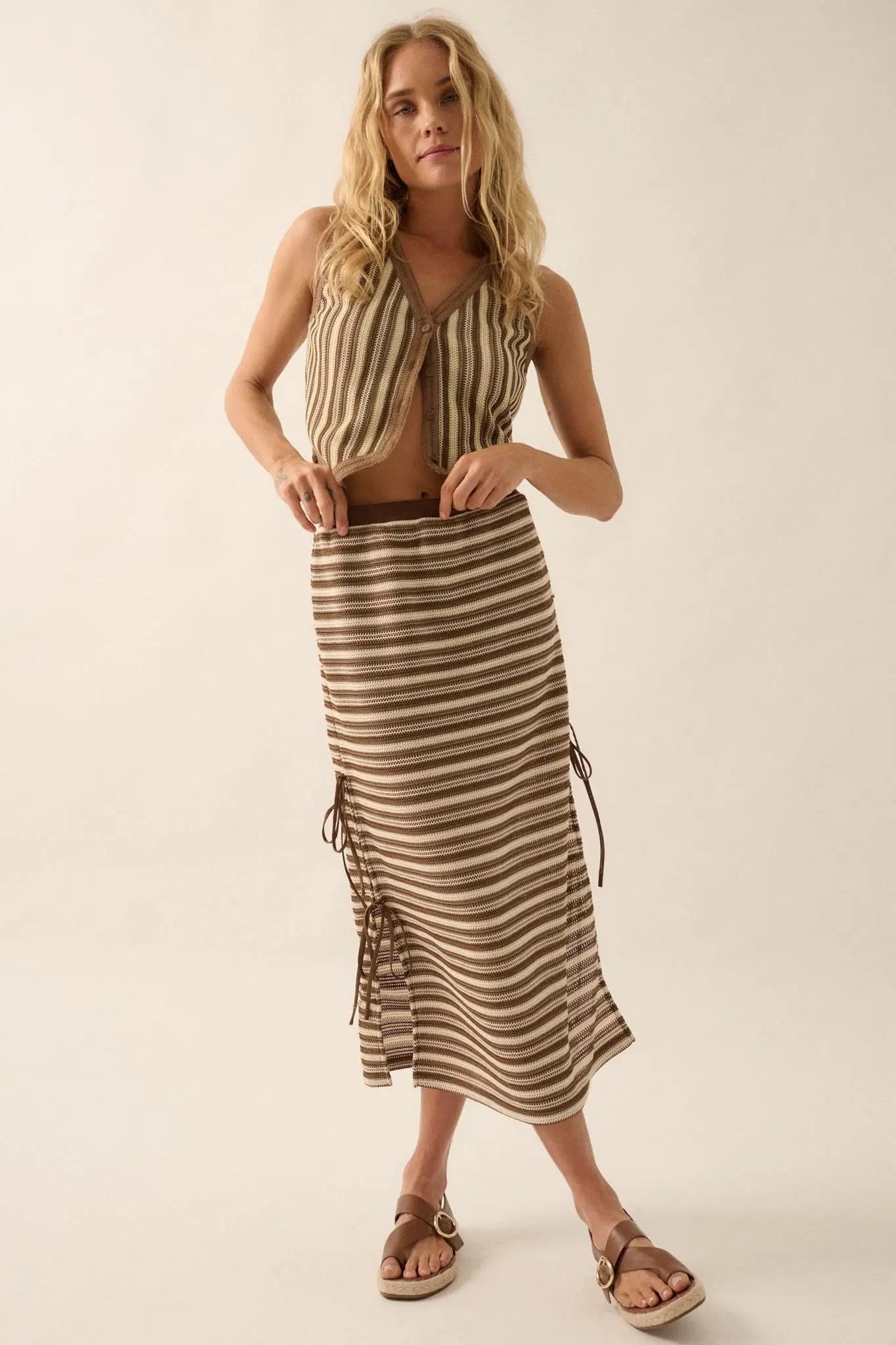 Line of Sight Striped Knit Side-Tie Midi Skirt