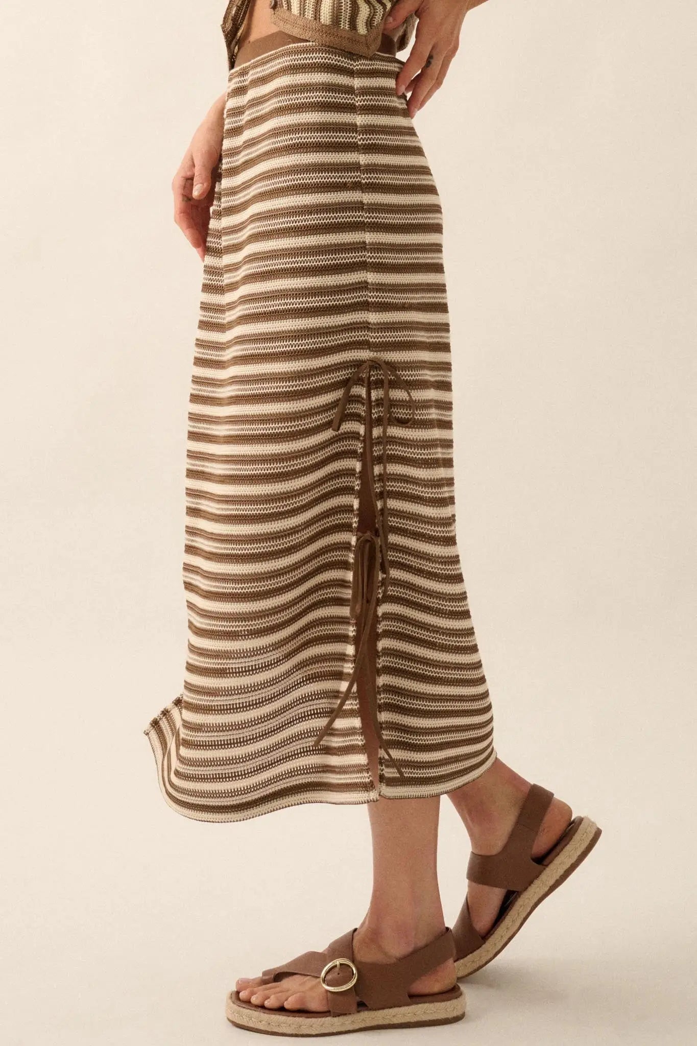 Line of Sight Striped Knit Side-Tie Midi Skirt