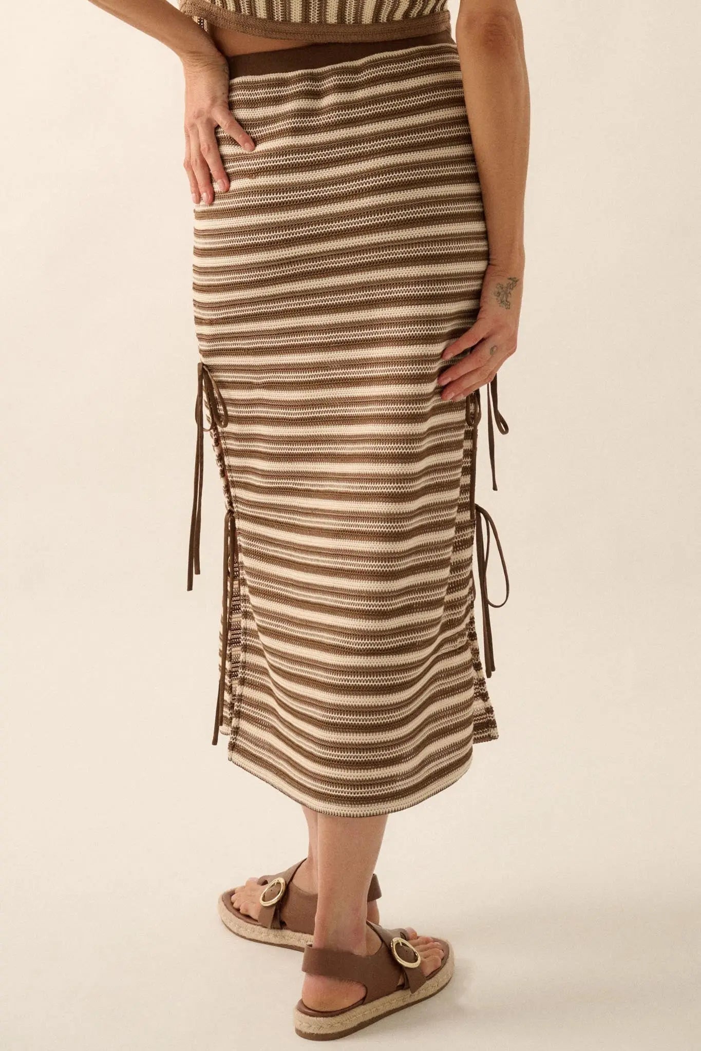 Line of Sight Striped Knit Side-Tie Midi Skirt