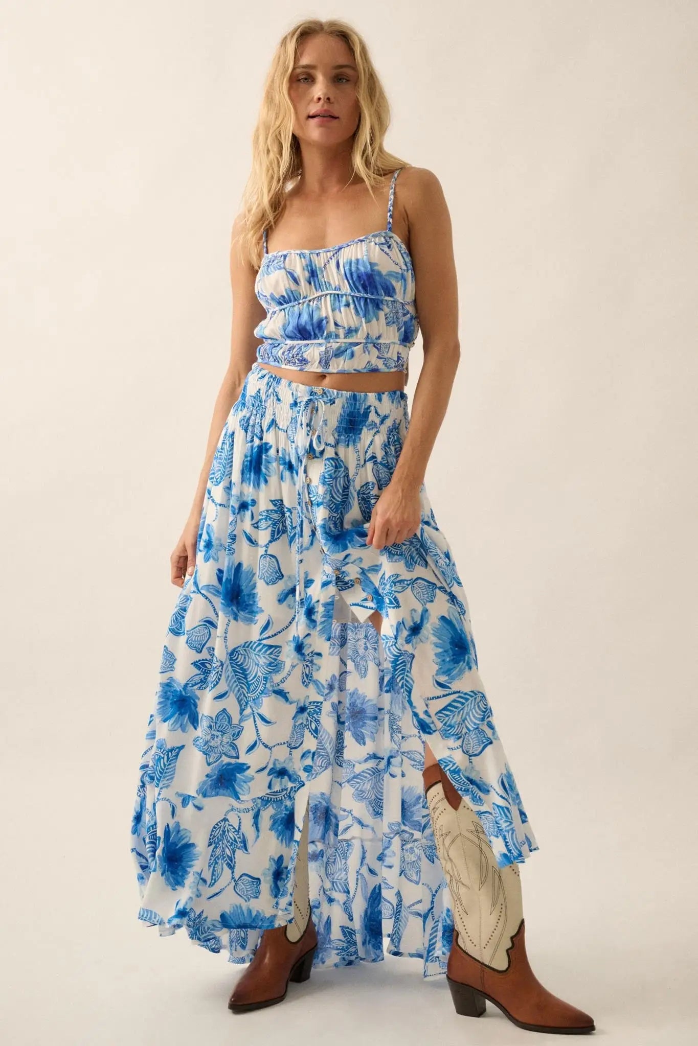 Blossoming Blues Floral Button-Front Maxi Skirt