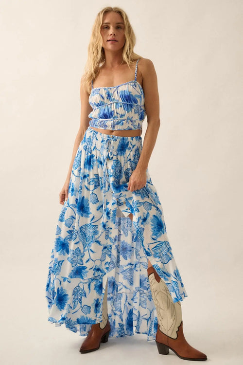 Blossoming Blues Floral Button-Front Maxi Skirt