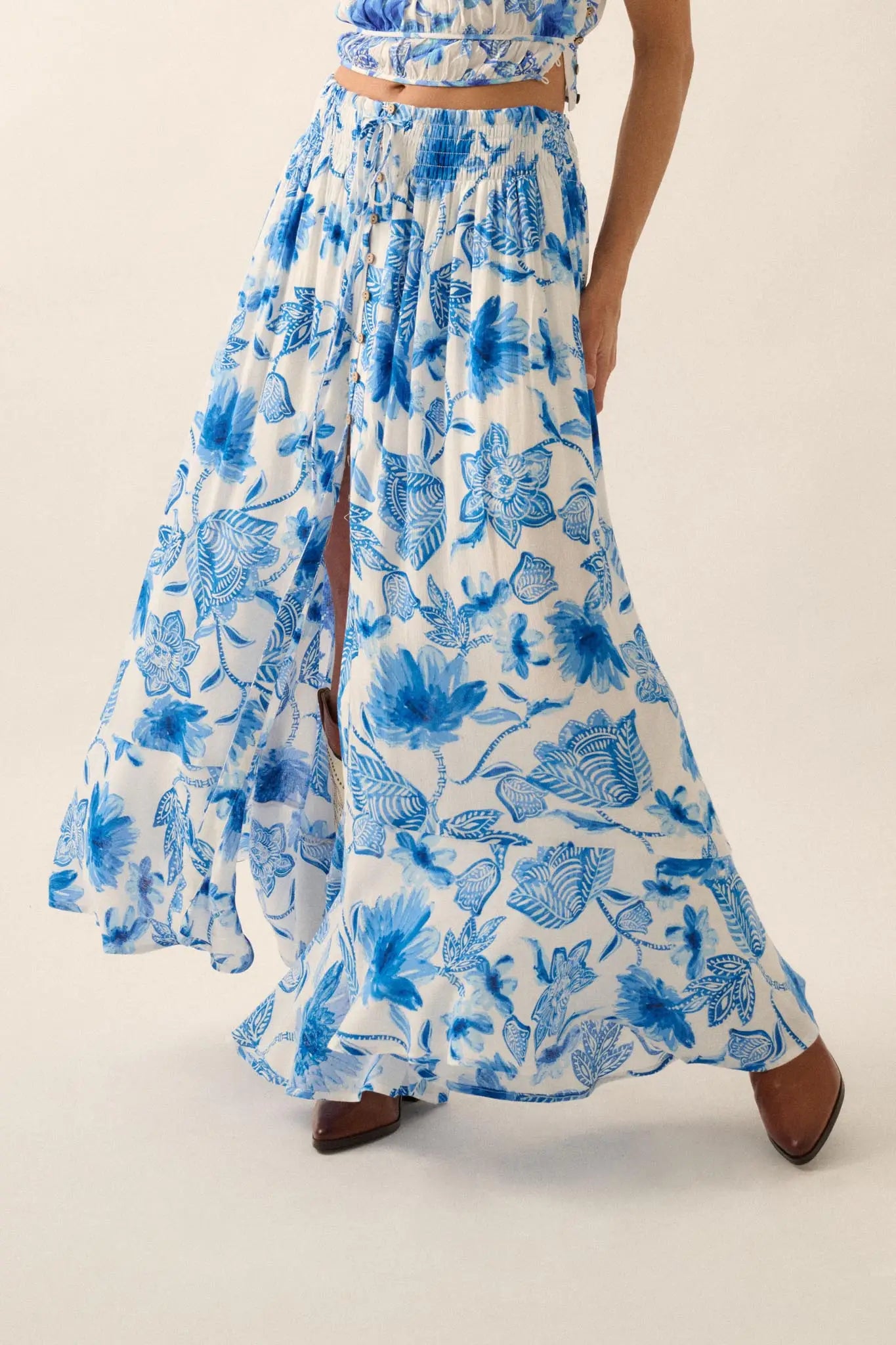 Blossoming Blues Floral Button-Front Maxi Skirt