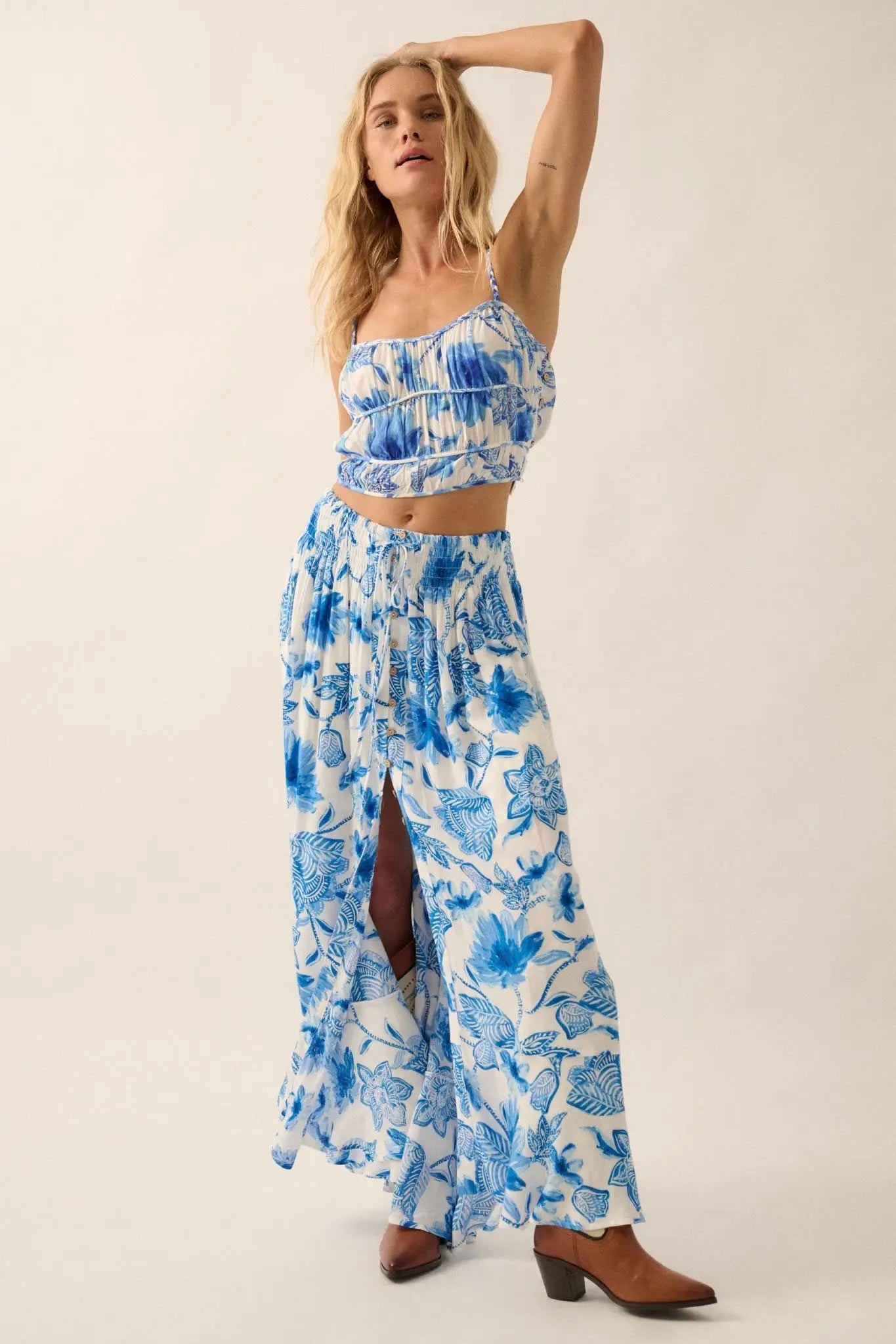 Blossoming Blues Floral Button-Front Maxi Skirt