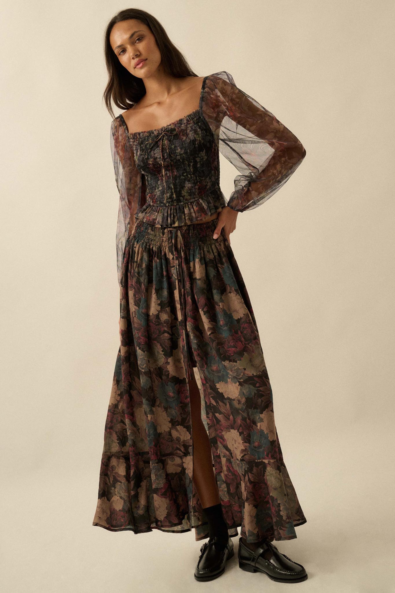 Pretty Potpourri Floral Button-Front Maxi Skirt