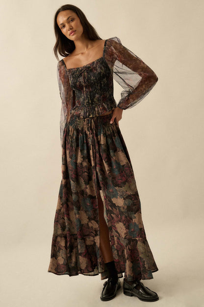 Pretty Potpourri Floral Button-Front Maxi Skirt