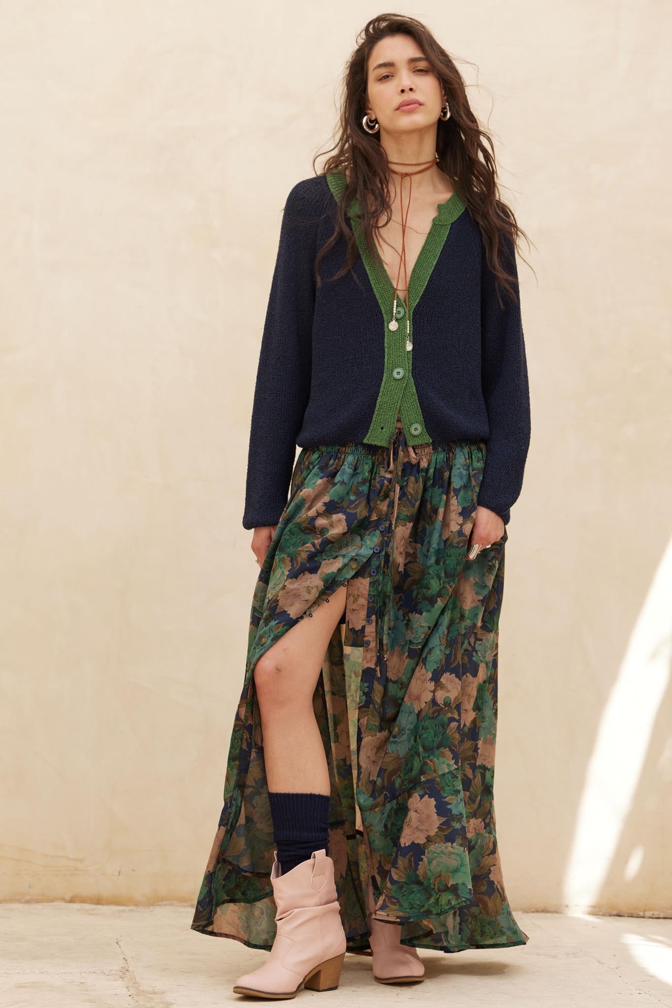 Pretty Potpourri Floral Button-Front Maxi Skirt