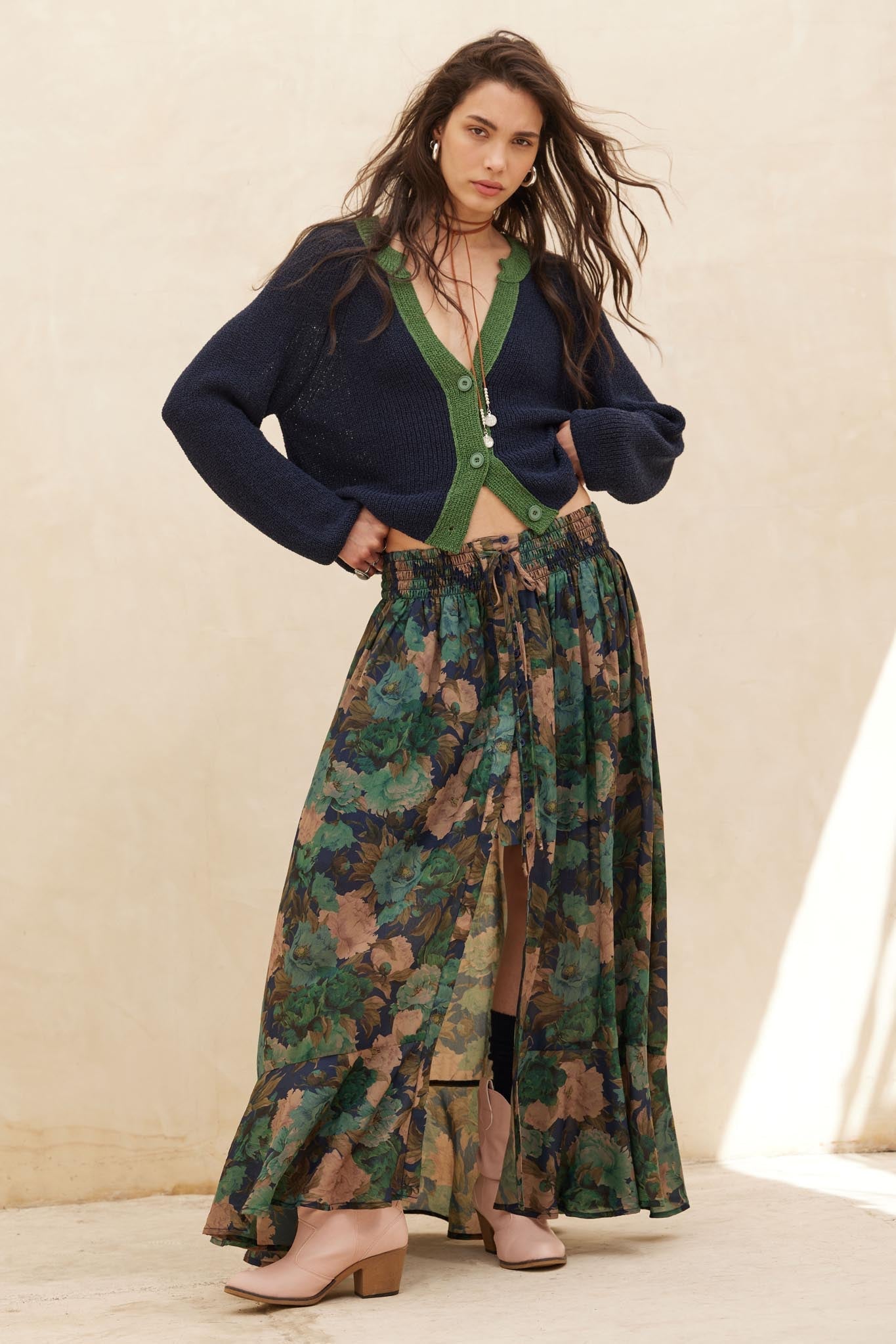 Pretty Potpourri Floral Button-Front Maxi Skirt
