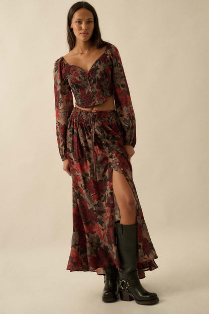 Pretty Potpourri Floral Button-Front Maxi Skirt