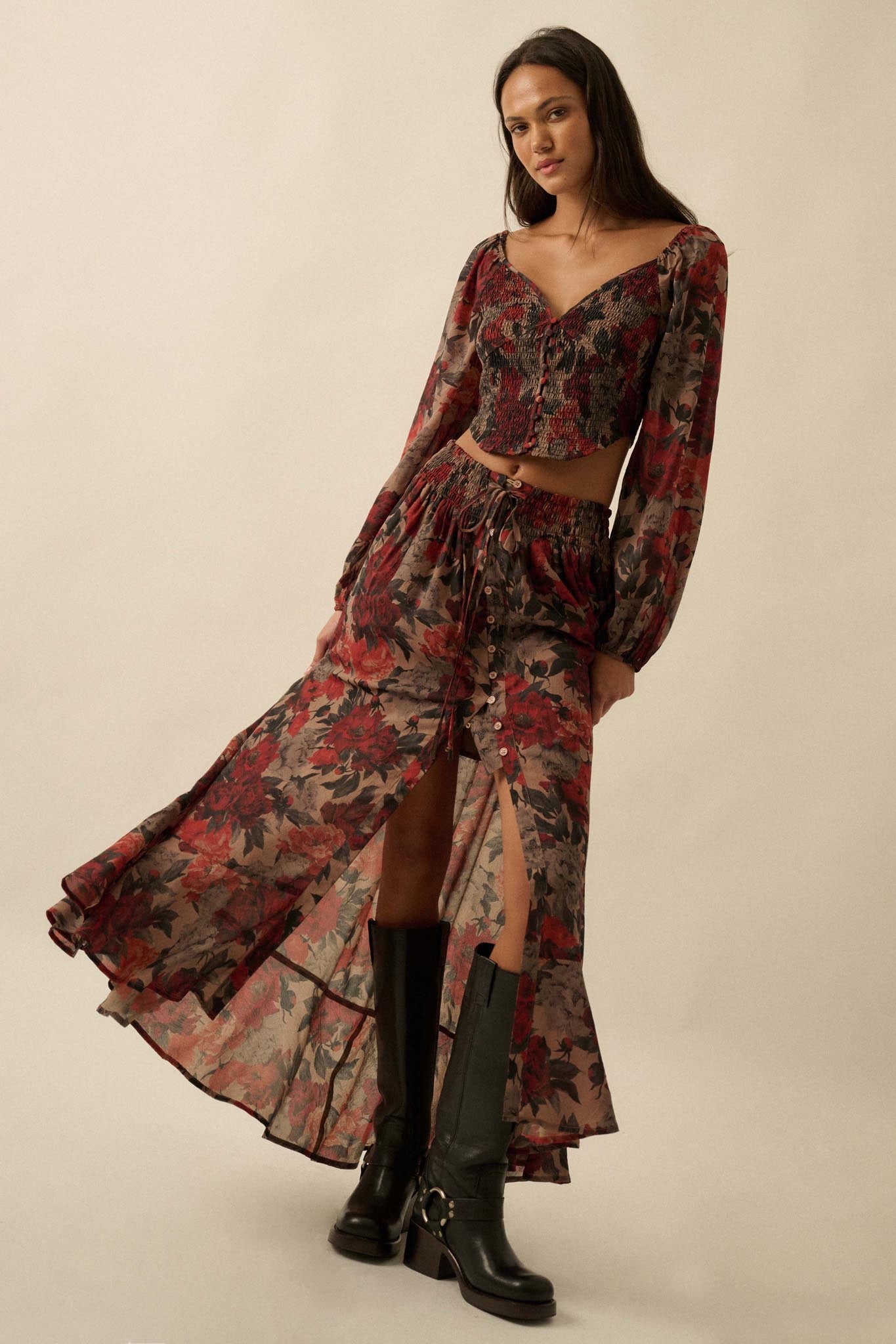 Pretty Potpourri Floral Button-Front Maxi Skirt