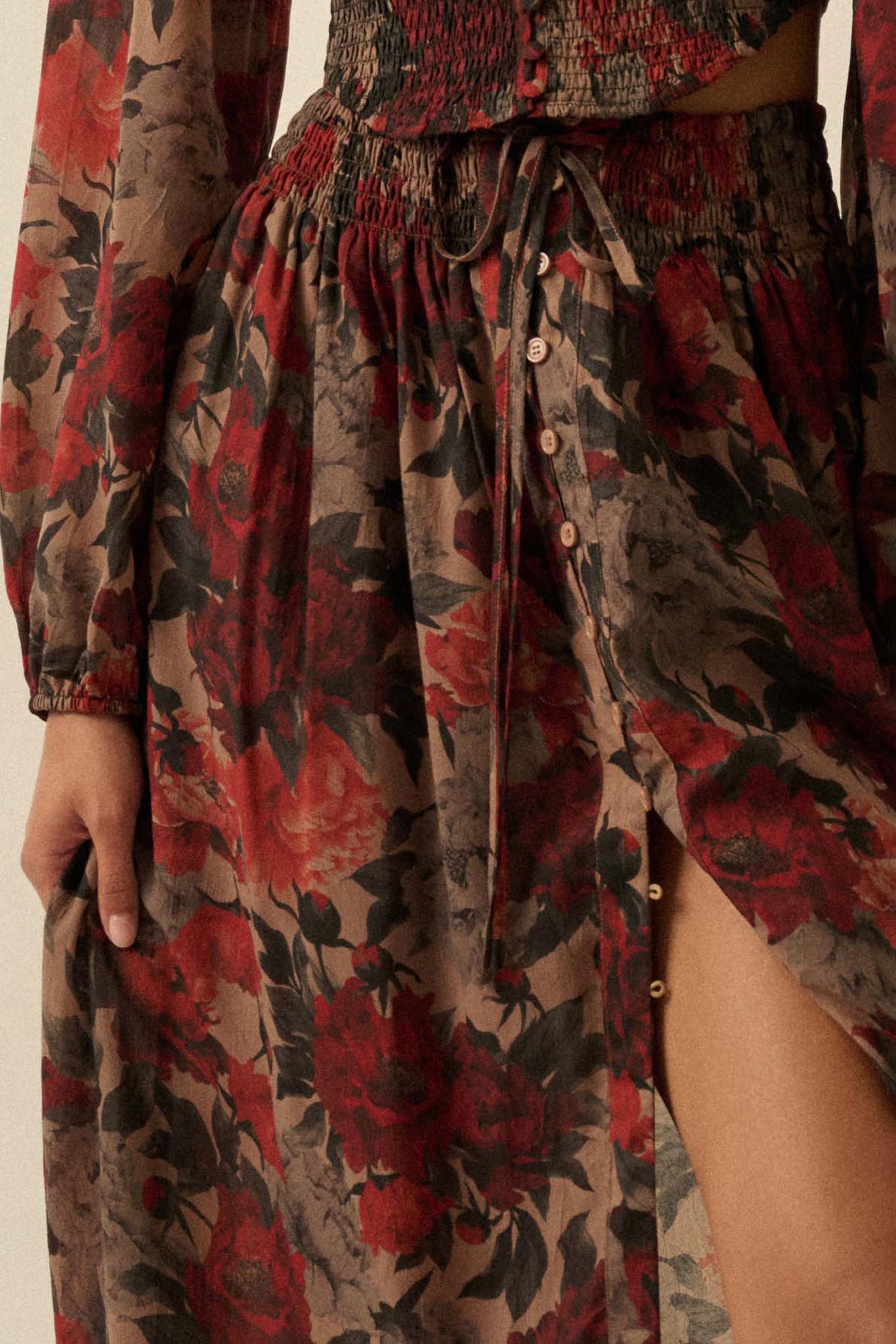 Pretty Potpourri Floral Button-Front Maxi Skirt