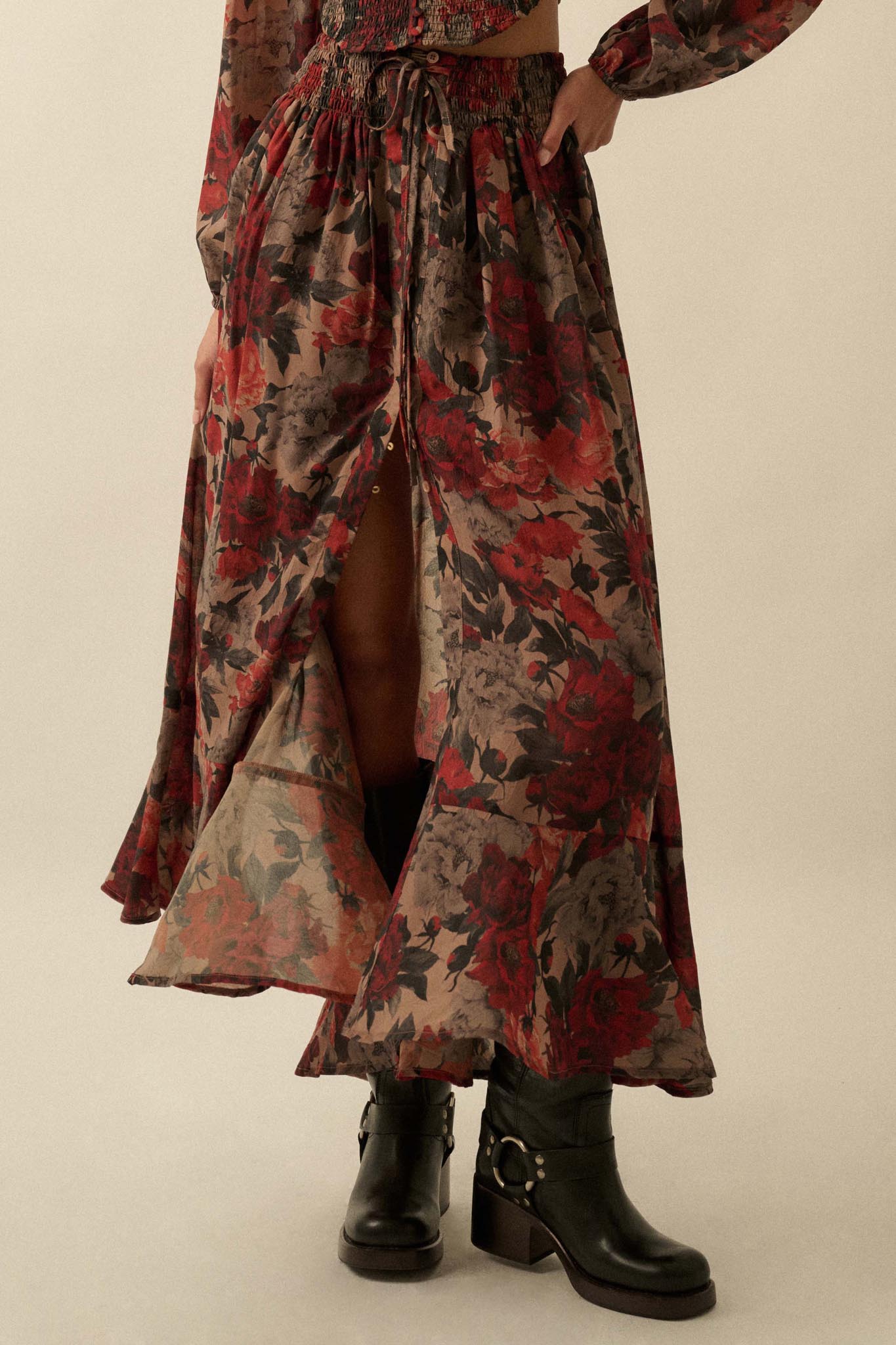 Pretty Potpourri Floral Button-Front Maxi Skirt
